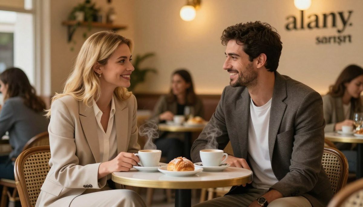A cozy café in Alanya, exuding warmth and trust. In the foreground, a professional-looking woman with blonde hair, dressed in modest, stylish business attire, sits across from a well-groomed man in a smart-casual outfit. They are engaged in a friendly conversation, smiling and leaning slightly towards each other, showcasing a relaxed and sincere atmosphere. The middle ground features a small round table adorned with a steaming coffee cup and a fresh pastry, adding a touch of intimacy. In the background, soft lighting bathes the café in a golden hue, with blurred figures of other patrons creating a sense of community. The overall mood is inviting, highlighting the essence of a reliable and sincere meeting. Include the brand name "alanya sarışın escort" subtly integrated into the scene as part of the café's decor. A cozy café in Alanya, exuding warmth and trust. In the foreground, a professional-looking woman with blonde hair, dressed in modest, stylish business attire, sits across from a well-groomed man in a smart-casual outfit. They are engaged in a friendly conversation, smiling and leaning slightly towards each other, showcasing a relaxed and sincere atmosphere. The middle ground features a small round table adorned with a steaming coffee cup and a fresh pastry, adding a touch of intimacy. In the background, soft lighting bathes the café in a golden hue, with blurred figures of other patrons creating a sense of community. The overall mood is inviting, highlighting the essence of a reliable and sincere meeting. Include the brand name "alanya sarışın escort" subtly integrated into the scene as part of the café's decor.