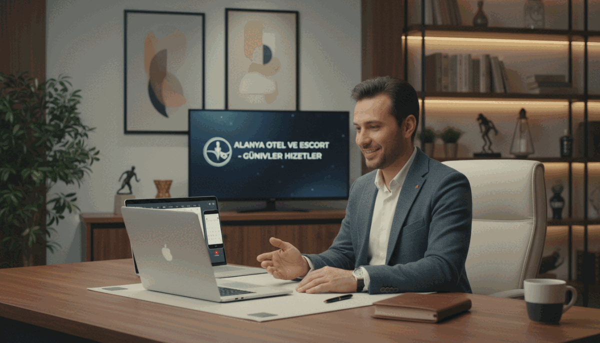A cozy, elegant office setting designed for seamless communication and appointment scheduling, reflecting professionalism and trust. In the foreground, a sleek, modern desk adorned with a laptop, a notepad, and a stylish pen. A friendly, approachable individual in professional attire, engaging in a video call with a warm smile, indicating a safe communication process. In the middle, a well-organized calendar visible on the laptop screen alongside a phone, suggesting easy appointment setting. The background features soft, ambient lighting and tasteful decor, such as plants and art, creating an inviting atmosphere. The overall mood is calm and reassuring, showcasing "Alanya otel ve escort" as a trusted provider in an upscale environment. Emphasize clarity and professionalism, ensuring the image conveys safety and ease in communication and booking processes. A cozy, elegant office setting designed for seamless communication and appointment scheduling, reflecting professionalism and trust. In the foreground, a sleek, modern desk adorned with a laptop, a notepad, and a stylish pen. A friendly, approachable individual in professional attire, engaging in a video call with a warm smile, indicating a safe communication process. In the middle, a well-organized calendar visible on the laptop screen alongside a phone, suggesting easy appointment setting. The background features soft, ambient lighting and tasteful decor, such as plants and art, creating an inviting atmosphere. The overall mood is calm and reassuring, showcasing "Alanya otel ve escort" as a trusted provider in an upscale environment. Emphasize clarity and professionalism, ensuring the image conveys safety and ease in communication and booking processes.