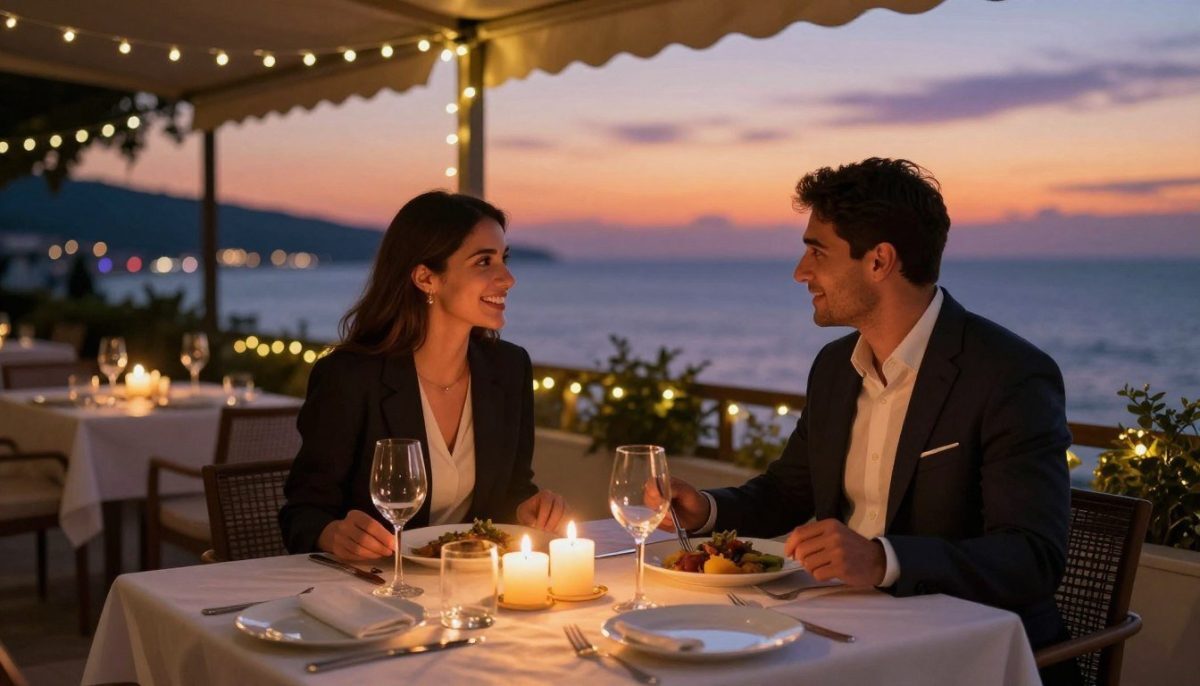 A cozy, romantic setting for a night out in Mahmutlar, featuring a beautifully arranged outdoor dining table with soft, ambient lighting. The foreground showcases elegant dinnerware and flickering candles, creating an intimate atmosphere. In the middle, a well-dressed couple in professional attire enjoys a delightful meal, showcasing warmth and connection. The background features a scenic view of Mahmutlar's coastline at dusk, with the sun setting, painting the sky in hues of orange and purple. Soft fairy lights decorate the surrounding area, enhancing the romantic mood. The overall image conveys a sense of elegance and sophistication, perfectly reflecting the idea of a charming evening courtesy of "Mahmutlar escort cazibeli gece." A cozy, romantic setting for a night out in Mahmutlar, featuring a beautifully arranged outdoor dining table with soft, ambient lighting. The foreground showcases elegant dinnerware and flickering candles, creating an intimate atmosphere. In the middle, a well-dressed couple in professional attire enjoys a delightful meal, showcasing warmth and connection. The background features a scenic view of Mahmutlar's coastline at dusk, with the sun setting, painting the sky in hues of orange and purple. Soft fairy lights decorate the surrounding area, enhancing the romantic mood. The overall image conveys a sense of elegance and sophistication, perfectly reflecting the idea of a charming evening courtesy of "Mahmutlar escort cazibeli gece."