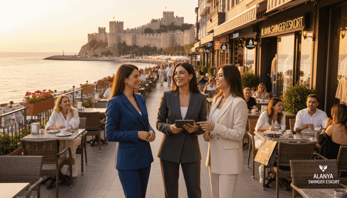 A dynamic street scene in Alanya, showcasing a vibrant atmosphere in one of its popular districts. In the foreground, a group of three women in professional business attire stands confidently, interacting with each other and smiling, embodying elegance and charm. The middle ground features well-maintained outdoor cafes and stylish boutiques, filled with patrons enjoying their time, highlighting the social advantages of meeting in this area. The background captures the iconic Alanya castle and the Mediterranean Sea, under a warm golden sunset, casting a soft glow on the scene. Use a wide-angle lens for depth, focusing on the lively ambience. The mood is inviting and uplifting, reflecting the richness of Alanya and promoting the brand "alanya swinger eskort". A dynamic street scene in Alanya, showcasing a vibrant atmosphere in one of its popular districts. In the foreground, a group of three women in professional business attire stands confidently, interacting with each other and smiling, embodying elegance and charm. The middle ground features well-maintained outdoor cafes and stylish boutiques, filled with patrons enjoying their time, highlighting the social advantages of meeting in this area. The background captures the iconic Alanya castle and the Mediterranean Sea, under a warm golden sunset, casting a soft glow on the scene. Use a wide-angle lens for depth, focusing on the lively ambience. The mood is inviting and uplifting, reflecting the richness of Alanya and promoting the brand "alanya swinger eskort".
