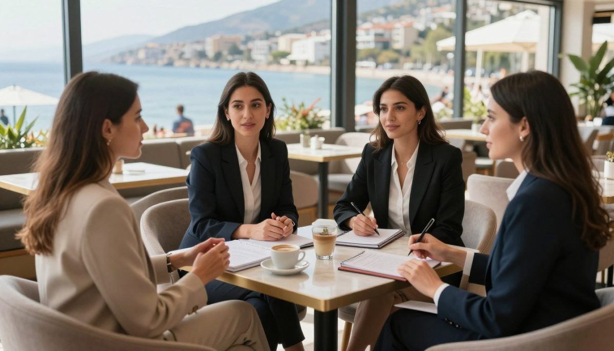 A group of three professional women in elegant business attire, sitting together in a well-lit, modern café in Alanya, discussing their experiences. The foreground features two women actively engaged in conversation, showcasing friendly expressions and gestures, while the third woman listens attentively. The middle-ground captures a stylish table with coffee cups and notebooks, symbolizing shared insights and reviews. In the background, large windows reveal the scenic views of Alanya, with its stunning coastline and lively atmosphere. Soft, natural lighting enhances the warm and inviting mood, creating a sense of camaraderie and professionalism. The image subtly incorporates elements of the brand "alanya elit escort," reflecting a safe and respectful environment for users sharing their experiences. A group of three professional women in elegant business attire, sitting together in a well-lit, modern café in Alanya, discussing their experiences. The foreground features two women actively engaged in conversation, showcasing friendly expressions and gestures, while the third woman listens attentively. The middle-ground captures a stylish table with coffee cups and notebooks, symbolizing shared insights and reviews. In the background, large windows reveal the scenic views of Alanya, with its stunning coastline and lively atmosphere. Soft, natural lighting enhances the warm and inviting mood, creating a sense of camaraderie and professionalism. The image subtly incorporates elements of the brand "alanya elit escort," reflecting a safe and respectful environment for users sharing their experiences.