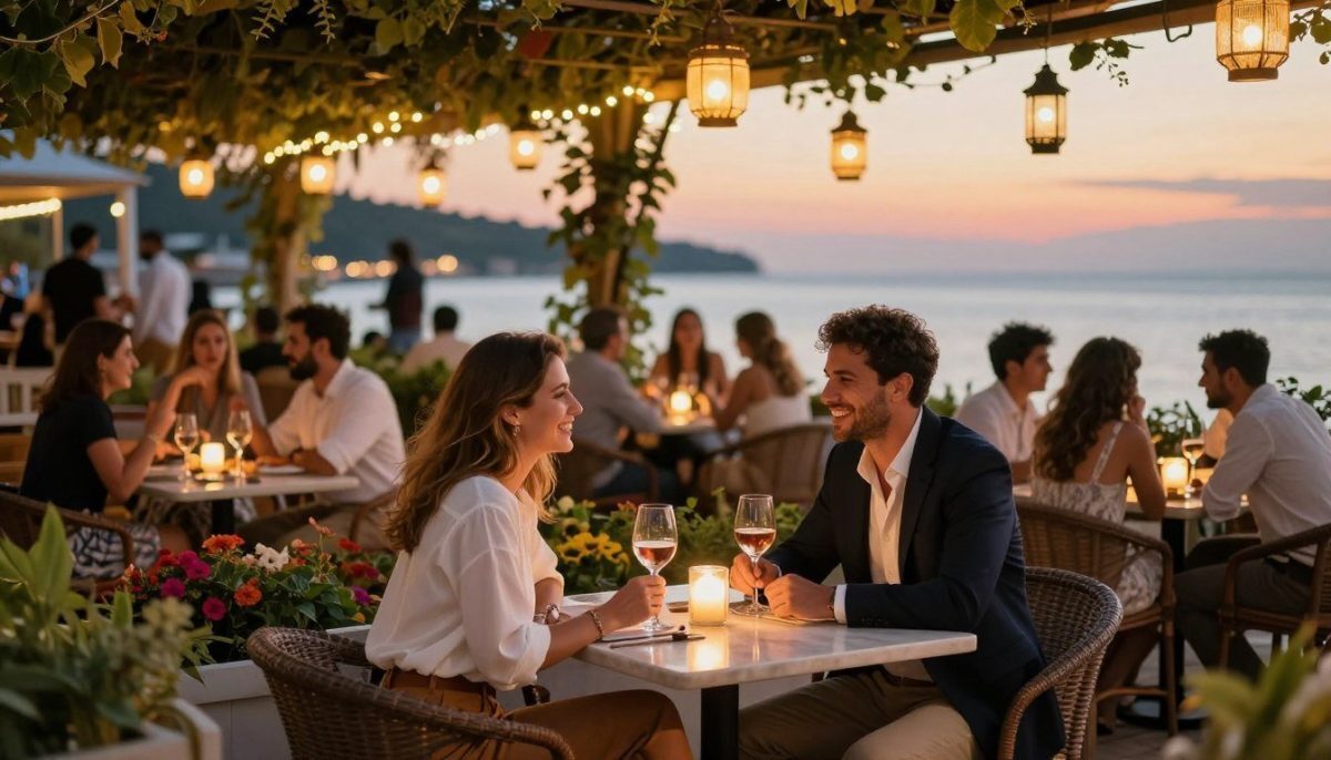 A lively summer evening scene set in Mahmutlar, showcasing a vibrant outdoor entertainment venue. In the foreground, a stylish, well-dressed couple sits at a beautifully set table, enjoying drinks and laughter. They are dressed in smart casual attire, radiating a relaxed yet elegant vibe. Surrounding them, an ambiance of soft fairy lights and lanterns provides a warm glow, creating a cozy atmosphere. In the middle ground, a variety of patrons engage in joyful conversation, surrounded by lush greenery and colorful plants that enhance the summery feel. In the background, the shoreline is gently illuminated by the fading sunlight, with the horizon catching hues of orange and pink. The scene conveys a mood of excitement and relaxation, perfectly capturing the essence of a memorable night out with "Mahmutlar escort cazibeli gece". A lively summer evening scene set in Mahmutlar, showcasing a vibrant outdoor entertainment venue. In the foreground, a stylish, well-dressed couple sits at a beautifully set table, enjoying drinks and laughter. They are dressed in smart casual attire, radiating a relaxed yet elegant vibe. Surrounding them, an ambiance of soft fairy lights and lanterns provides a warm glow, creating a cozy atmosphere. In the middle ground, a variety of patrons engage in joyful conversation, surrounded by lush greenery and colorful plants that enhance the summery feel. In the background, the shoreline is gently illuminated by the fading sunlight, with the horizon catching hues of orange and pink. The scene conveys a mood of excitement and relaxation, perfectly capturing the essence of a memorable night out with "Mahmutlar escort cazibeli gece".