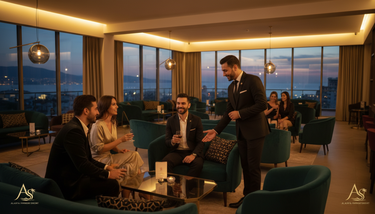 A luxurious and elegant interior of a high-end lounge in Alanya, showcasing a warm atmosphere of customer satisfaction. In the foreground, a professional staff member in business attire is attentively engaging with a diverse group of well-dressed patrons, displaying friendliness and attentiveness. The middle ground features plush seating and tasteful décor, emphasizing comfort and exclusivity, while subtly incorporating elements that reflect the "alanya swinger eskort" brand. The background showcases soft, ambient lighting that creates an inviting glow, with city views peering through large windows at twilight, conveying a sense of luxury and privilege. The overall mood is one of sophistication and warmth, capturing the essence of continuous service quality improvement and customer satisfaction.