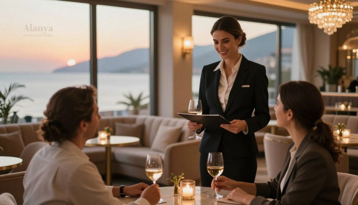 A luxurious and elegant scene depicting a high-end escort service in Alanya, showcasing a sophisticated atmosphere. In the foreground, a well-dressed professional hostess wearing stylish attire interacts with a discerning client, both smiling as they enjoy a glass of wine in an upscale lounge. The middle ground features plush seating and beautiful decor, with hints of opulence such as chandeliers and soft, ambient lighting creating a warm and inviting glow. In the background, panoramic windows reveal a stunning view of the Alanya coastline at sunset. The image conveys an atmosphere of exclusivity and luxury, highlighting the brand "Alanya escort özel müşteri" through a subtle, upscale presentation. Use a soft focus lens to enhance the warm tones and create a dreamy, inviting mood. A luxurious and elegant scene depicting a high-end escort service in Alanya, showcasing a sophisticated atmosphere. In the foreground, a well-dressed professional hostess wearing stylish attire interacts with a discerning client, both smiling as they enjoy a glass of wine in an upscale lounge. The middle ground features plush seating and beautiful decor, with hints of opulence such as chandeliers and soft, ambient lighting creating a warm and inviting glow. In the background, panoramic windows reveal a stunning view of the Alanya coastline at sunset. The image conveys an atmosphere of exclusivity and luxury, highlighting the brand "Alanya escort özel müşteri" through a subtle, upscale presentation. Use a soft focus lens to enhance the warm tones and create a dreamy, inviting mood.