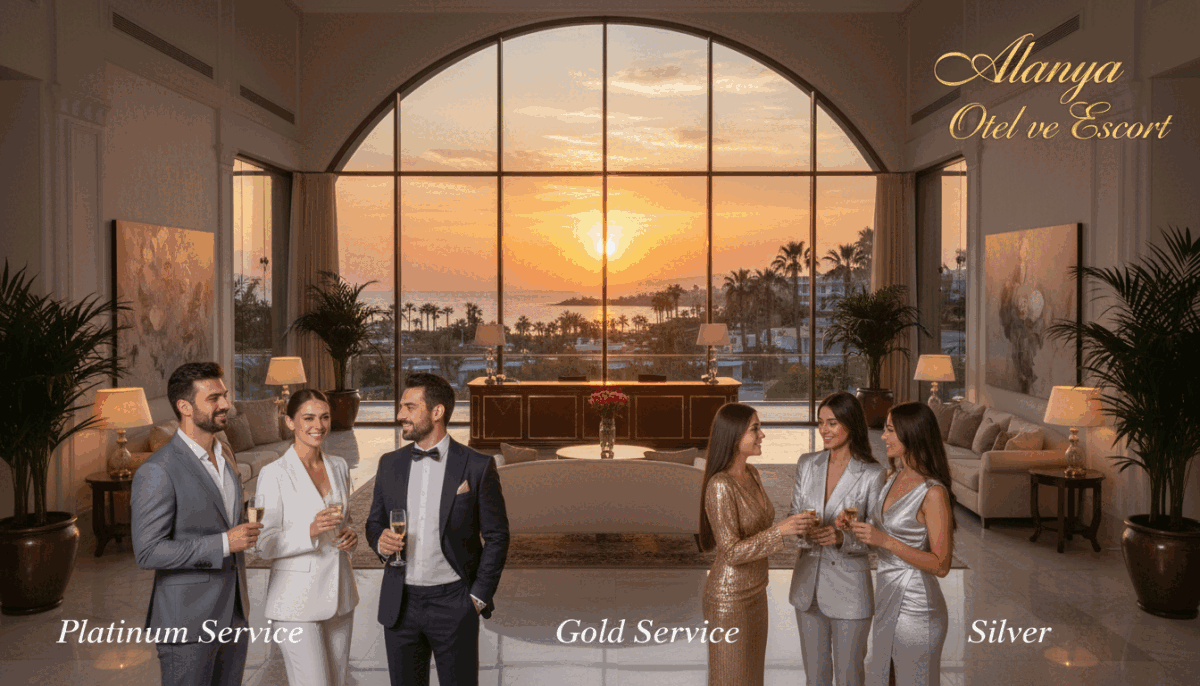 A luxurious and inviting scene depicting three distinct categories of service: Platinum, Gold, and Silver. Foreground features elegant, professional individuals in business attire, engaging in friendly conversation, symbolizing high-class service. The middle layer showcases a beautifully designed hotel lobby with tasteful decor, soft ambient lighting, and plush furnishings, creating a welcoming atmosphere. In the background, large windows reveal a scenic view of Alanya's stunning coastline and vibrant cityscape, reflecting the charm of the local area. The overall mood is sophisticated and upscale, showcasing the premium nature of the "Alanya otel ve escort" brand. Use a warm color palette with natural light streaming through the windows, capturing a sense of comfort and opulence. A luxurious and inviting scene depicting three distinct categories of service: Platinum, Gold, and Silver. Foreground features elegant, professional individuals in business attire, engaging in friendly conversation, symbolizing high-class service. The middle layer showcases a beautifully designed hotel lobby with tasteful decor, soft ambient lighting, and plush furnishings, creating a welcoming atmosphere. In the background, large windows reveal a scenic view of Alanya's stunning coastline and vibrant cityscape, reflecting the charm of the local area. The overall mood is sophisticated and upscale, showcasing the premium nature of the "Alanya otel ve escort" brand. Use a warm color palette with natural light streaming through the windows, capturing a sense of comfort and opulence.