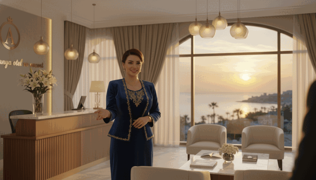 A luxurious and professional escort service setting in Alanya, showcasing a stylish and inviting reception area of "Alanya otel ve escort". In the foreground, an elegantly dressed professional escort in modest yet fashionable attire greets guests with a warm smile, exuding confidence and trustworthiness. The middle ground features tasteful decor, including elegant furnishings and soft lighting that create a welcoming atmosphere. In the background, large windows reveal a stunning view of Alanya’s coastal scenery, with the sun setting over the sea, casting a golden glow. The scene captures a sense of comfort and refinement, ideal for discerning clients seeking high-quality and reliable services. Use a soft focus lens to enhance the warm, inviting mood while maintaining a professional ambiance. A luxurious and professional escort service setting in Alanya, showcasing a stylish and inviting reception area of "Alanya otel ve escort". In the foreground, an elegantly dressed professional escort in modest yet fashionable attire greets guests with a warm smile, exuding confidence and trustworthiness. The middle ground features tasteful decor, including elegant furnishings and soft lighting that create a welcoming atmosphere. In the background, large windows reveal a stunning view of Alanya’s coastal scenery, with the sun setting over the sea, casting a golden glow. The scene captures a sense of comfort and refinement, ideal for discerning clients seeking high-quality and reliable services. Use a soft focus lens to enhance the warm, inviting mood while maintaining a professional ambiance.