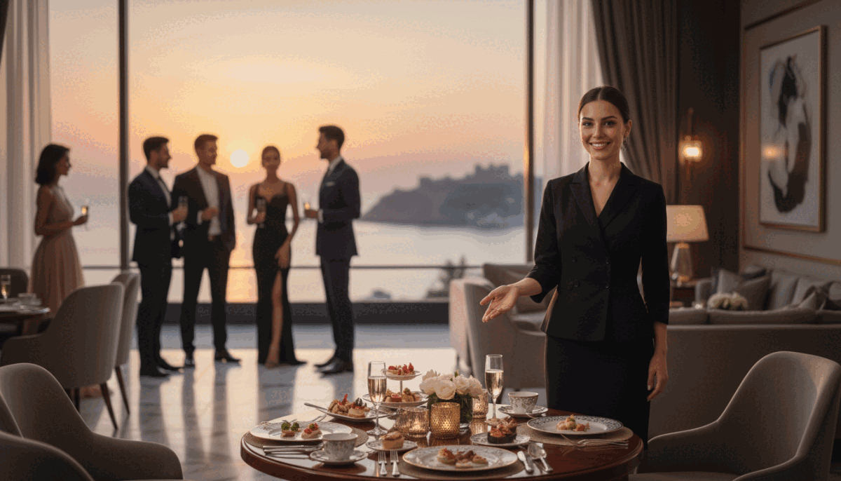 A luxurious and serene scene that represents high-quality service in Alanya. In the foreground, a professionally dressed woman with an approachable smile is welcoming guests into a sophisticated lounge. She stands beside a tasteful table set with fine dining options, surrounded by elegant decor. In the middle ground, a group of well-dressed clients mingle, enjoying their upscale experience. The background showcases a beautiful view of the Alanya coastline at sunset, with soft golden light illuminating the scene. The atmosphere is warm and inviting, conveying a sense of sophistication and relaxation. Use a shallow depth of field to focus on the woman and the table while softly blurring the background. This image should embody the essence of "alanya swinger eskort" services, emphasizing professionalism and quality in a refined setting. A luxurious and serene scene that represents high-quality service in Alanya. In the foreground, a professionally dressed woman with an approachable smile is welcoming guests into a sophisticated lounge. She stands beside a tasteful table set with fine dining options, surrounded by elegant decor. In the middle ground, a group of well-dressed clients mingle, enjoying their upscale experience. The background showcases a beautiful view of the Alanya coastline at sunset, with soft golden light illuminating the scene. The atmosphere is warm and inviting, conveying a sense of sophistication and relaxation. Use a shallow depth of field to focus on the woman and the table while softly blurring the background. This image should embody the essence of "alanya swinger eskort" services, emphasizing professionalism and quality in a refined setting.