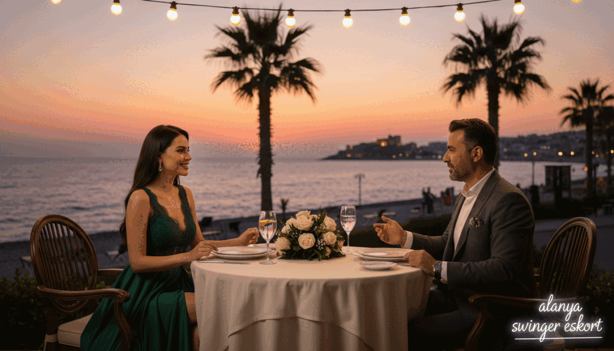 A luxurious and stylish escort service scene in Alanya, featuring a sophisticated woman in an elegant evening dress and a well-dressed gentleman, engaged in a refined conversation at a beautifully set outdoor café. The foreground showcases a table adorned with fine dining elements, including a glass of sparkling water and a bouquet of fresh flowers. In the middle ground, soft ambient lighting highlights the relaxed and upscale atmosphere, with palm trees and warm sunset hues creating a tropical vibe. The background reveals the serene coastline of Alanya, with gentle waves lapping at the shore under a colorful sky. The scene evokes a sense of comfort, luxury, and exclusivity, suitable for a premium experience promoted by "alanya swinger eskort." A luxurious and stylish escort service scene in Alanya, featuring a sophisticated woman in an elegant evening dress and a well-dressed gentleman, engaged in a refined conversation at a beautifully set outdoor café. The foreground showcases a table adorned with fine dining elements, including a glass of sparkling water and a bouquet of fresh flowers. In the middle ground, soft ambient lighting highlights the relaxed and upscale atmosphere, with palm trees and warm sunset hues creating a tropical vibe. The background reveals the serene coastline of Alanya, with gentle waves lapping at the shore under a colorful sky. The scene evokes a sense of comfort, luxury, and exclusivity, suitable for a premium experience promoted by "alanya swinger eskort."