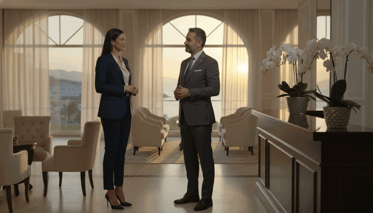 A luxurious hotel lobby in Alanya, featuring elegant decor and soft ambient lighting that creates a warm, inviting atmosphere. In the foreground, a graceful woman in a stylish, professional business attire is engaging in a polite conversation with a well-dressed gentleman, both exuding sophistication and confidence. The middle ground includes exquisite furnishings, such as plush sofas and a polished reception desk, embellished with tasteful floral arrangements. In the background, large windows showcase a glimpse of Alanya's stunning coastline at sunset, casting golden light across the scene. The image should reflect a sense of exclusivity and privacy, embodying the upscale environment associated with "Alanya otel ve escort." Capture this ambiance with a shallow depth of field, focusing sharply on the subjects while gently blurring the background. A luxurious hotel lobby in Alanya, featuring elegant decor and soft ambient lighting that creates a warm, inviting atmosphere. In the foreground, a graceful woman in a stylish, professional business attire is engaging in a polite conversation with a well-dressed gentleman, both exuding sophistication and confidence. The middle ground includes exquisite furnishings, such as plush sofas and a polished reception desk, embellished with tasteful floral arrangements. In the background, large windows showcase a glimpse of Alanya's stunning coastline at sunset, casting golden light across the scene. The image should reflect a sense of exclusivity and privacy, embodying the upscale environment associated with "Alanya otel ve escort." Capture this ambiance with a shallow depth of field, focusing sharply on the subjects while gently blurring the background.