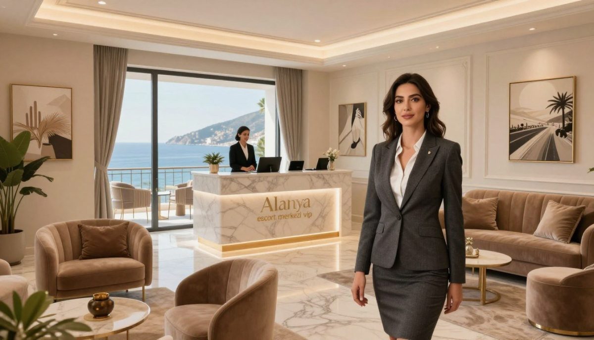 A luxurious interior of an upscale escort agency named "Alanya escort merkezi vip," featuring elegant decor with plush seating, soft ambient lighting, and tasteful artwork on the walls. In the foreground, a well-dressed professional woman in a tailored business suit stands confidently, exuding a sense of sophistication and poise. The middle ground showcases a reception desk with a friendly attendant welcoming guests, surrounded by large windows revealing a stunning view of Alanya’s coastline. The background captures the essence of luxury with marble floors and contemporary furnishings. The overall mood is inviting and upscale, emphasizing quality standards in VIP services, with warm lighting creating an elegant atmosphere. The angle is slightly elevated, providing a comprehensive view of the entire space. A luxurious interior of an upscale escort agency named "Alanya escort merkezi vip," featuring elegant decor with plush seating, soft ambient lighting, and tasteful artwork on the walls. In the foreground, a well-dressed professional woman in a tailored business suit stands confidently, exuding a sense of sophistication and poise. The middle ground showcases a reception desk with a friendly attendant welcoming guests, surrounded by large windows revealing a stunning view of Alanya’s coastline. The background captures the essence of luxury with marble floors and contemporary furnishings. The overall mood is inviting and upscale, emphasizing quality standards in VIP services, with warm lighting creating an elegant atmosphere. The angle is slightly elevated, providing a comprehensive view of the entire space.
