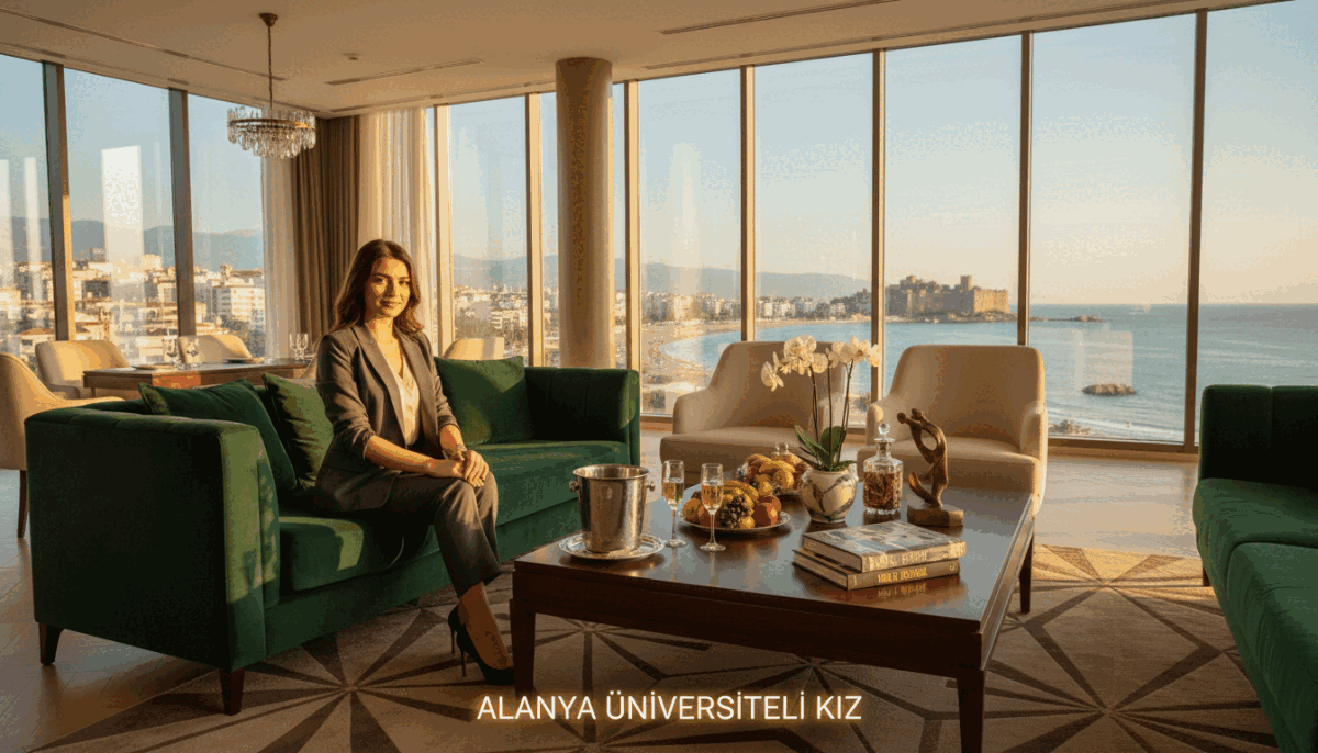 A luxurious lounge setting in Alanya, showcasing elegant furnishings and a serene atmosphere. In the foreground, a stylish, young woman dressed in professional business attire sits gracefully on a plush sofa, exuding confidence and sophistication. The middle section features a beautifully arranged table with premium refreshments and decorative elements that emphasize comfort and high status. In the background, a breathtaking view of Alanya’s stunning coastline and vibrant cityscape through large, sunlit windows. Soft, warm lighting fills the room, creating an inviting and upscale ambiance. This setting symbolizes the essence of comfort and luxury offered by "alanya üniversiteli kız", highlighting the high-quality service experience. A luxurious lounge setting in Alanya, showcasing elegant furnishings and a serene atmosphere. In the foreground, a stylish, young woman dressed in professional business attire sits gracefully on a plush sofa, exuding confidence and sophistication. The middle section features a beautifully arranged table with premium refreshments and decorative elements that emphasize comfort and high status. In the background, a breathtaking view of Alanya’s stunning coastline and vibrant cityscape through large, sunlit windows. Soft, warm lighting fills the room, creating an inviting and upscale ambiance. This setting symbolizes the essence of comfort and luxury offered by "alanya üniversiteli kız", highlighting the high-quality service experience.