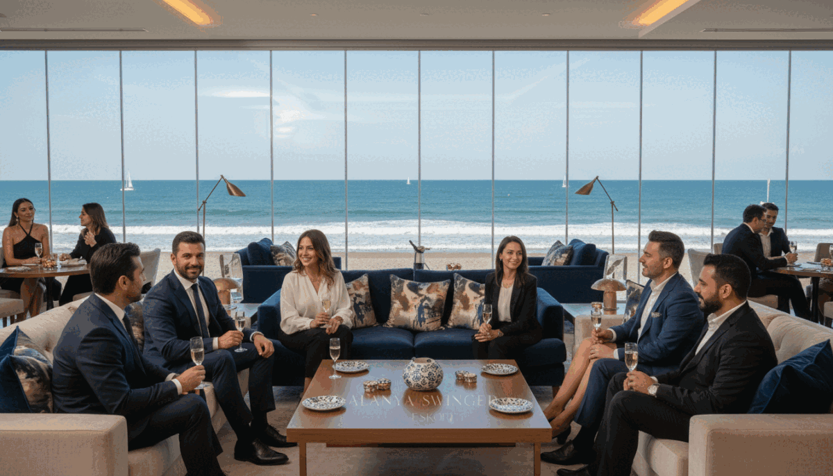 A luxurious, serene scene illustrating "hizmet kalitesi" set in a high-end lounge environment. In the foreground, a well-dressed, diverse group of professionals engaged in conversation, exuding confidence and comfort. In the middle, elegantly arranged plush seating, adorned with tasteful decor, featuring soft lighting that enhances the inviting atmosphere. Glass walls reveal a beautiful view of Alanya's coastline, with gentle waves and a clear blue sky in the background, adding a layer of tranquility. The overall mood is sophisticated and relaxed, emphasizing quality service and customer comfort. Include subtle branding of "alanya swinger eskort" within the decor elements, ensuring a seamless integration. The scene should be captured with a soft-focus lens, highlighting the warmth of the setting and the refined details in the ambiance. A luxurious, serene scene illustrating "hizmet kalitesi" set in a high-end lounge environment. In the foreground, a well-dressed, diverse group of professionals engaged in conversation, exuding confidence and comfort. In the middle, elegantly arranged plush seating, adorned with tasteful decor, featuring soft lighting that enhances the inviting atmosphere. Glass walls reveal a beautiful view of Alanya's coastline, with gentle waves and a clear blue sky in the background, adding a layer of tranquility. The overall mood is sophisticated and relaxed, emphasizing quality service and customer comfort. Include subtle branding of "alanya swinger eskort" within the decor elements, ensuring a seamless integration. The scene should be captured with a soft-focus lens, highlighting the warmth of the setting and the refined details in the ambiance.