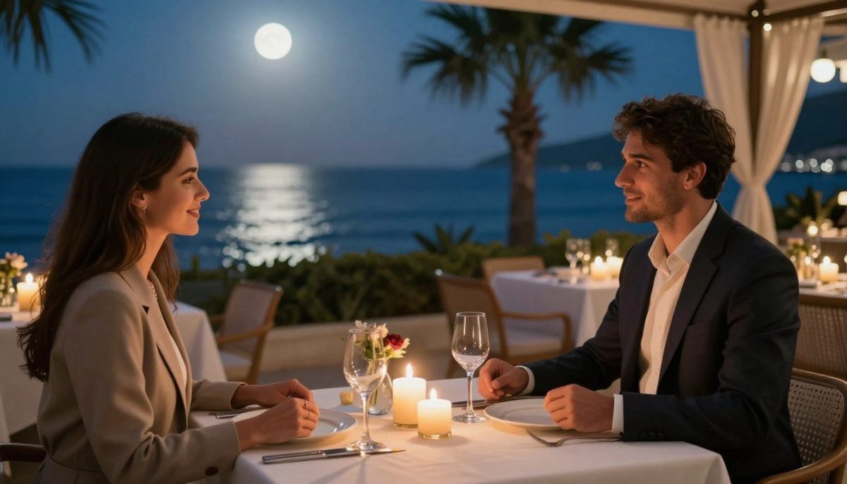 A luxurious, upscale meeting venue in Mahmutlar, glowing softly under intimate ambient lighting. In the foreground, a beautifully set table for two, featuring elegant tableware and flickering candles, creating a romantic atmosphere. In the middle ground, a stylishly dressed professional couple, both in smart business attire, engaged in a warm conversation, radiating confidence and sophistication. The background showcases a panoramic view of the Mediterranean sea, its waves sparkling under the moonlight, and palm trees swaying gently. A soft focus on the surroundings emphasizes the couple's connection. The mood is refined and inviting, echoing the essence of "Mahmutlar escort cazibeli gece" while ensuring a tasteful and sophisticated portrayal. A luxurious, upscale meeting venue in Mahmutlar, glowing softly under intimate ambient lighting. In the foreground, a beautifully set table for two, featuring elegant tableware and flickering candles, creating a romantic atmosphere. In the middle ground, a stylishly dressed professional couple, both in smart business attire, engaged in a warm conversation, radiating confidence and sophistication. The background showcases a panoramic view of the Mediterranean sea, its waves sparkling under the moonlight, and palm trees swaying gently. A soft focus on the surroundings emphasizes the couple's connection. The mood is refined and inviting, echoing the essence of "Mahmutlar escort cazibeli gece" while ensuring a tasteful and sophisticated portrayal.