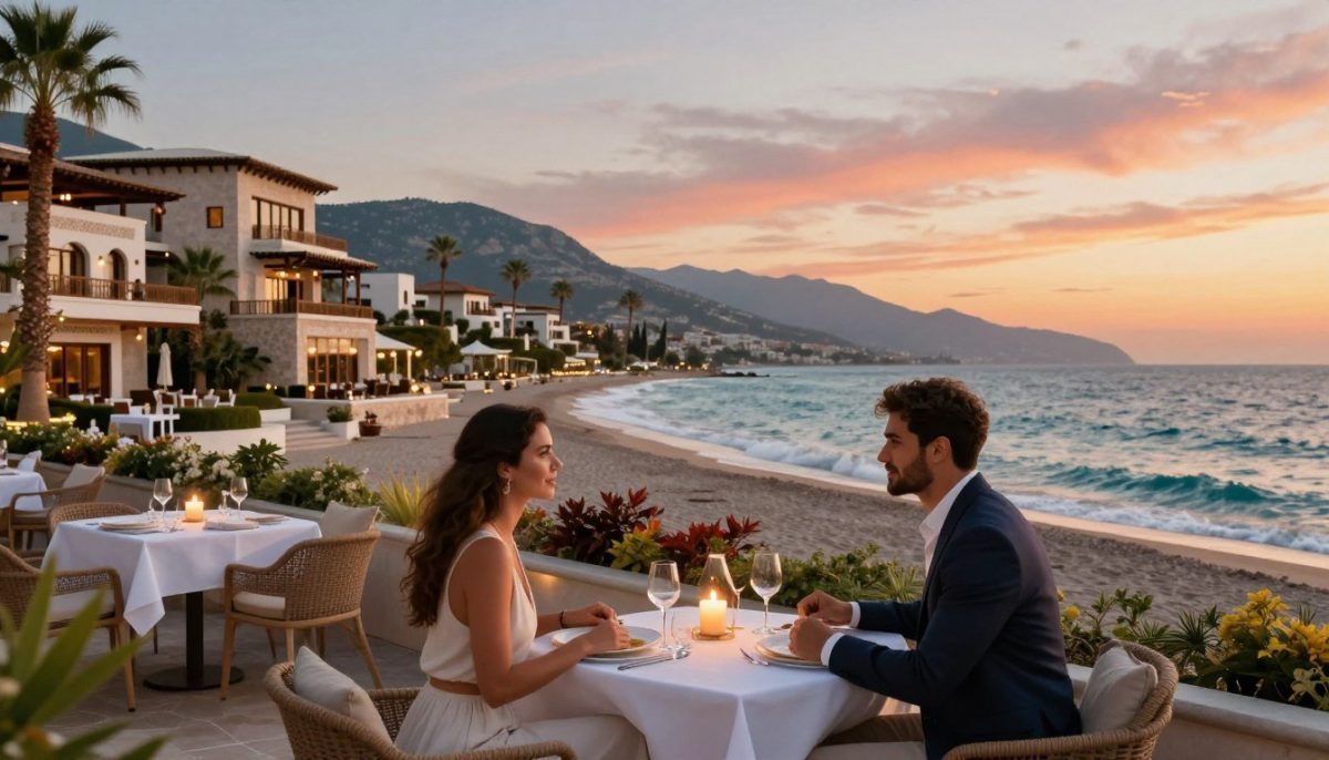 A luxurious vacation scene in Alanya, featuring a stunning beachside resort on the Mediterranean coast, bathed in warm sunset light. In the foreground, a professional-looking couple in smart casual attire enjoys a romantic dinner on a terrace, surrounded by elegant table settings and soft candlelight, exuding a sense of intimacy. In the middle ground, the resort’s modern architecture showcases a blend of traditional Turkish design and contemporary style, complete with palm trees and beautiful landscaping. In the background, the turquoise waves of the sea gently lap against the shore, under a vibrant sky filled with the colors of sunset. The overall mood is romantic, relaxing, and exclusive, representing the essence of "Alanya Escort Deneyimi: Kalite." A luxurious vacation scene in Alanya, featuring a stunning beachside resort on the Mediterranean coast, bathed in warm sunset light. In the foreground, a professional-looking couple in smart casual attire enjoys a romantic dinner on a terrace, surrounded by elegant table settings and soft candlelight, exuding a sense of intimacy. In the middle ground, the resort’s modern architecture showcases a blend of traditional Turkish design and contemporary style, complete with palm trees and beautiful landscaping. In the background, the turquoise waves of the sea gently lap against the shore, under a vibrant sky filled with the colors of sunset. The overall mood is romantic, relaxing, and exclusive, representing the essence of "Alanya Escort Deneyimi: Kalite."
