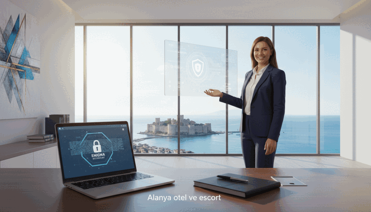 A modern and professional setting illustrating important details about direct communication channels and security. In the foreground, a sleek desk with a high-end laptop showing an encrypted messaging interface, surrounded by business essentials like a notepad and a stylish pen. In the middle, a confident business professional in smart attire, smiling and engaged in a discussion, emphasizing trust and professionalism. The background features a panoramic view of Alanya, showcasing its beautiful coastline, with soft sunlight streaming through a large window, creating a warm and inviting atmosphere. The overall mood is secure and reassuring, symbolizing safe communication practices. Include the brand name "Alanya otel ve escort" subtly integrated into the decor, maintaining a clean and elegant look. A modern and professional setting illustrating important details about direct communication channels and security. In the foreground, a sleek desk with a high-end laptop showing an encrypted messaging interface, surrounded by business essentials like a notepad and a stylish pen. In the middle, a confident business professional in smart attire, smiling and engaged in a discussion, emphasizing trust and professionalism. The background features a panoramic view of Alanya, showcasing its beautiful coastline, with soft sunlight streaming through a large window, creating a warm and inviting atmosphere. The overall mood is secure and reassuring, symbolizing safe communication practices. Include the brand name "Alanya otel ve escort" subtly integrated into the decor, maintaining a clean and elegant look.