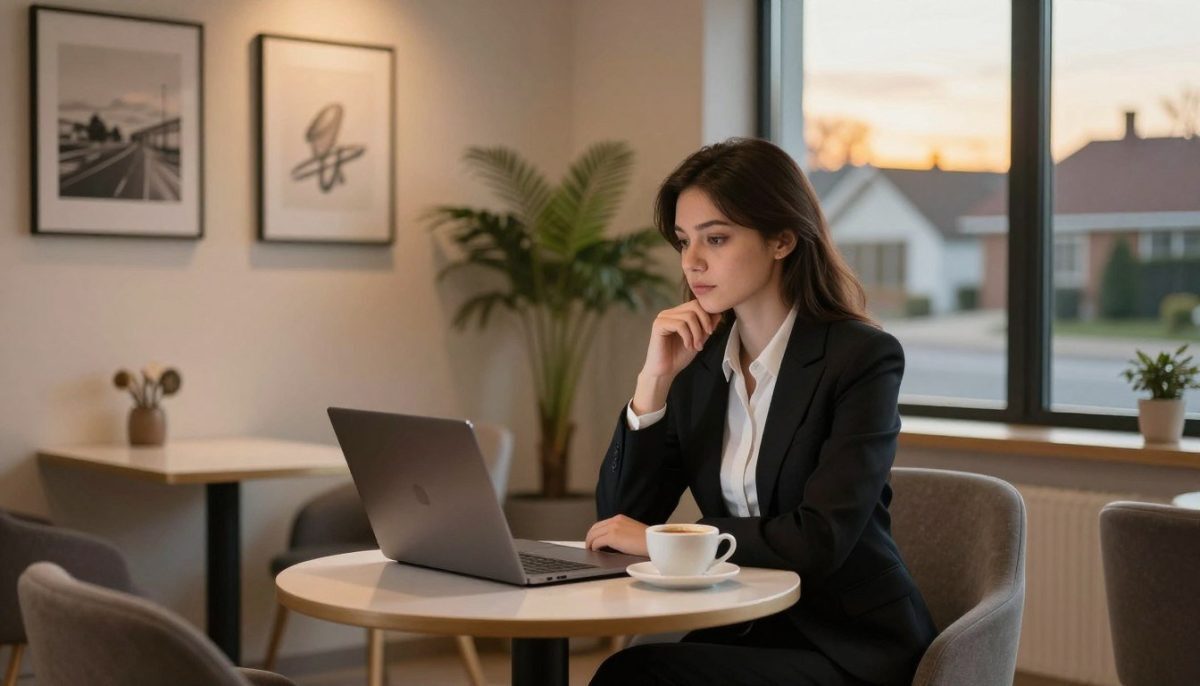 A modern, elegant interior of a cozy room with soft, ambient lighting that creates a warm atmosphere. In the foreground, a stylish, well-dressed young woman in professional attire sits at a small round table with a laptop and a cup of coffee, looking thoughtfully at the screen. Her expression conveys contemplation and engagement. In the middle ground, there are tasteful decor elements like a potted plant and framed artwork, adding character to the space. In the background, a window reveals a quiet suburban street of Kestel, bathed in the golden light of late afternoon. The overall mood is welcoming and professional, emphasizing a sense of comfort and quality service associated with the "escort" experience, while avoiding any explicit content. A modern, elegant interior of a cozy room with soft, ambient lighting that creates a warm atmosphere. In the foreground, a stylish, well-dressed young woman in professional attire sits at a small round table with a laptop and a cup of coffee, looking thoughtfully at the screen. Her expression conveys contemplation and engagement. In the middle ground, there are tasteful decor elements like a potted plant and framed artwork, adding character to the space. In the background, a window reveals a quiet suburban street of Kestel, bathed in the golden light of late afternoon. The overall mood is welcoming and professional, emphasizing a sense of comfort and quality service associated with the "escort" experience, while avoiding any explicit content.