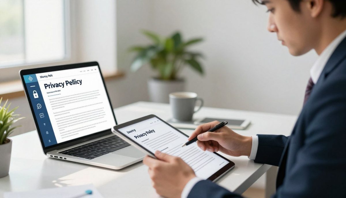 A modern office setting showcasing a digital privacy policy document prominently displayed on a clean desk. In the foreground, a well-dressed professional, with a serious expression, is reviewing the document on their tablet, emphasizing security and confidentiality. The middle ground features a sleek laptop with digital security icons displayed on the screen, representing data protection. In the background, soft-focused office decor with plants and a bright window creating natural light, casting gentle shadows that evoke a feeling of trust and integrity. The atmosphere is calm and serious, highlighting the importance of prioritizing privacy and security in relationship services like "alanya elit escort." A modern office setting showcasing a digital privacy policy document prominently displayed on a clean desk. In the foreground, a well-dressed professional, with a serious expression, is reviewing the document on their tablet, emphasizing security and confidentiality. The middle ground features a sleek laptop with digital security icons displayed on the screen, representing data protection. In the background, soft-focused office decor with plants and a bright window creating natural light, casting gentle shadows that evoke a feeling of trust and integrity. The atmosphere is calm and serious, highlighting the importance of prioritizing privacy and security in relationship services like "alanya elit escort."