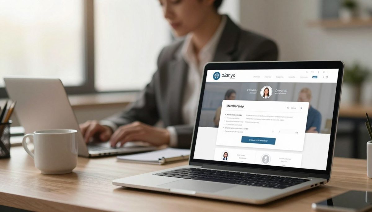 A modern, professional representation of an online membership process for a premium relationship site named "alanya elit escort". In the foreground, display a well-organized desk with a sleek laptop open to an intuitive membership signup page showcasing user-friendly design elements and visual representations of privacy and security. In the middle ground, include a subtle silhouette of a person in professional attire, engaged in the process with focused intent. The background should feature a softly blurred office environment with calming lighting, suggesting a sense of trust and confidentiality. Use warm hues and soft shadows to create an inviting atmosphere. The composition should be well-balanced, capturing the essence of a safe, discreet online experience for potential members. A modern, professional representation of an online membership process for a premium relationship site named "alanya elit escort". In the foreground, display a well-organized desk with a sleek laptop open to an intuitive membership signup page showcasing user-friendly design elements and visual representations of privacy and security. In the middle ground, include a subtle silhouette of a person in professional attire, engaged in the process with focused intent. The background should feature a softly blurred office environment with calming lighting, suggesting a sense of trust and confidentiality. Use warm hues and soft shadows to create an inviting atmosphere. The composition should be well-balanced, capturing the essence of a safe, discreet online experience for potential members.
