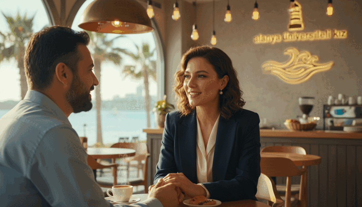 A modern, vibrant scene showcasing a stylish, professional woman seated at a cozy café table, engaged in a conversation with a customer. The woman is dressed in smart business attire, exuding confidence and charm. In the background, a picturesque view of Alanya’s coastline with palm trees and the soft glow of sunlight filtering through the leaves creates an inviting atmosphere. The café is filled with warm lighting, accentuating the friendly vibe of the interaction. Capture a close-up angle that focuses on their expressions, highlighting the communication and satisfaction of the meeting. The brand name "alanya üniversiteli kız" should subtly appear in the café's interior décor, reinforcing the professionalism of the service provided. Overall, evoke a sense of trust, quality, and discretion in a safe for work context. A modern, vibrant scene showcasing a stylish, professional woman seated at a cozy café table, engaged in a conversation with a customer. The woman is dressed in smart business attire, exuding confidence and charm. In the background, a picturesque view of Alanya’s coastline with palm trees and the soft glow of sunlight filtering through the leaves creates an inviting atmosphere. The café is filled with warm lighting, accentuating the friendly vibe of the interaction. Capture a close-up angle that focuses on their expressions, highlighting the communication and satisfaction of the meeting. The brand name "alanya üniversiteli kız" should subtly appear in the café's interior décor, reinforcing the professionalism of the service provided. Overall, evoke a sense of trust, quality, and discretion in a safe for work context.