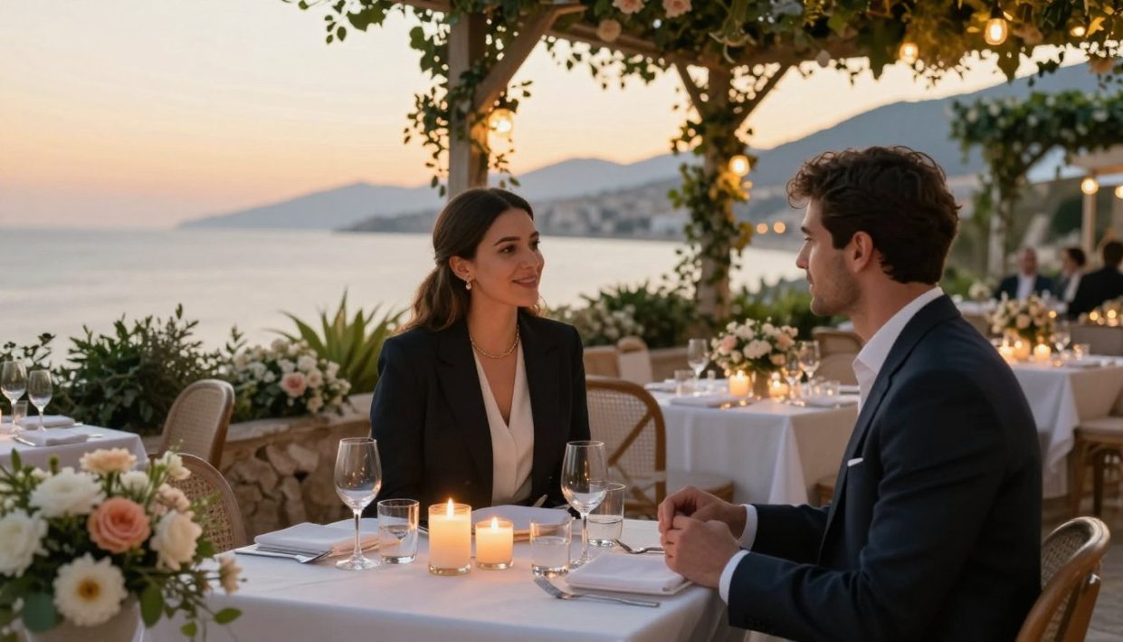 A picturesque outdoor setting in Alanya, featuring an elegant, romantic venue adorned with tasteful decor. In the foreground, two individuals in professional business attire are engaged in a friendly conversation, exuding charisma and charm. The middle ground showcases intimate tables with elegant candlelit arrangements, surrounded by lush greenery and soft floral accents that create a warm ambiance. In the background, the stunning coastline of Alanya is visible under a golden sunset, casting a warm glow over the scene. The lighting is soft and inviting, enhancing the romantic atmosphere. The image reflects sophistication and allure, encapsulating the essence of "alanya elit escort" while emphasizing elegance and class. A picturesque outdoor setting in Alanya, featuring an elegant, romantic venue adorned with tasteful decor. In the foreground, two individuals in professional business attire are engaged in a friendly conversation, exuding charisma and charm. The middle ground showcases intimate tables with elegant candlelit arrangements, surrounded by lush greenery and soft floral accents that create a warm ambiance. In the background, the stunning coastline of Alanya is visible under a golden sunset, casting a warm glow over the scene. The lighting is soft and inviting, enhancing the romantic atmosphere. The image reflects sophistication and allure, encapsulating the essence of "alanya elit escort" while emphasizing elegance and class.