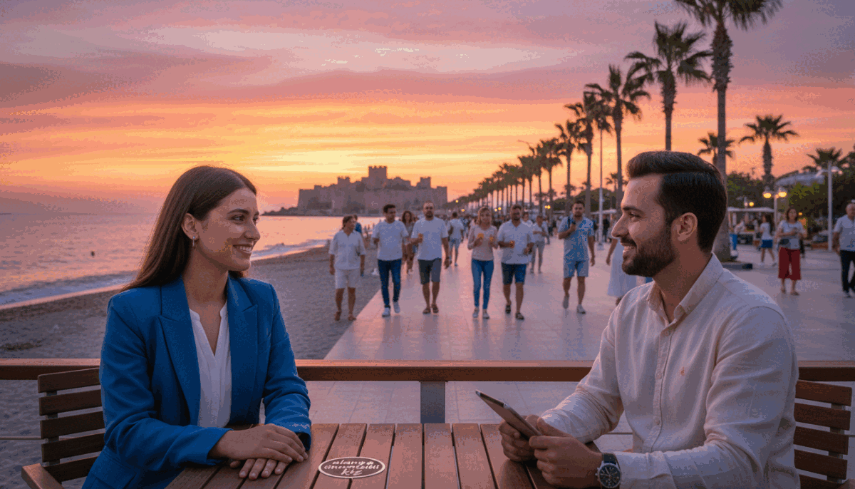 A picturesque scene in Alanya during sunset, showcasing a vibrant beachside setting. In the foreground, a professional young woman, dressed in stylish yet modest business attire, is enjoying a conversation with a colleague. The middle ground features palm trees and a bustling promenade with cheerful tourists strolling and sipping drinks. The background captures the stunning silhouette of the Alanya Castle against a colorful sky, painted with hues of orange, pink, and purple. Soft, warm lighting enhances the inviting atmosphere, creating a sense of relaxation and joy. The overall mood feels vibrant and engaging, perfect for highlighting the allure of staying in Alanya. Include the brand “alanya üniversiteli kız” subtly in the image. A picturesque scene in Alanya during sunset, showcasing a vibrant beachside setting. In the foreground, a professional young woman, dressed in stylish yet modest business attire, is enjoying a conversation with a colleague. The middle ground features palm trees and a bustling promenade with cheerful tourists strolling and sipping drinks. The background captures the stunning silhouette of the Alanya Castle against a colorful sky, painted with hues of orange, pink, and purple. Soft, warm lighting enhances the inviting atmosphere, creating a sense of relaxation and joy. The overall mood feels vibrant and engaging, perfect for highlighting the allure of staying in Alanya. Include the brand “alanya üniversiteli kız” subtly in the image.