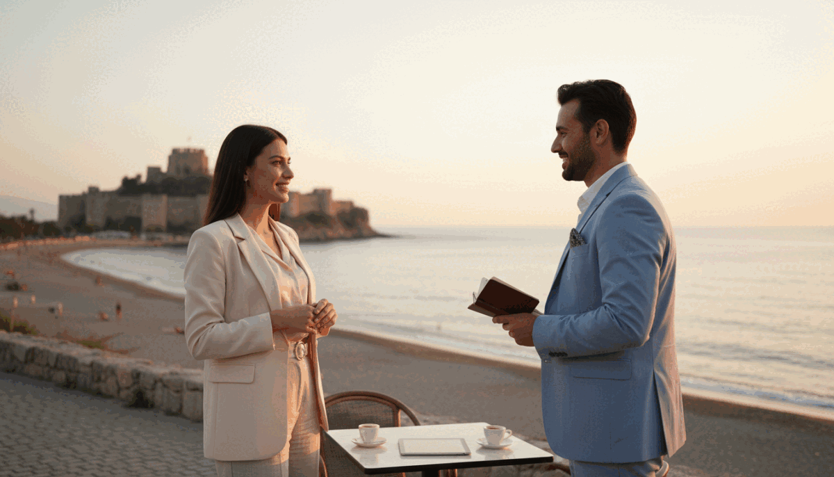 A picturesque view of Alanya, featuring a bright beach background with the iconic castle in the distance. In the foreground, depict a professional and warm interaction between a well-dressed young woman, representing "alanya üniversiteli kız", and a sophisticated client. She wears a smart, stylish outfit, exuding confidence and approachability. The atmosphere is inviting and friendly, capturing the essence of personal connections. The lighting is soft and natural, mimicking the golden hour just before sunset with warm hues illuminating the scene. The focus should be on the professional dynamic, illustrating the advantages of escort services in a classy, safe manner, while ensuring the image remains tasteful, engaging, and appropriate for a wide audience.
