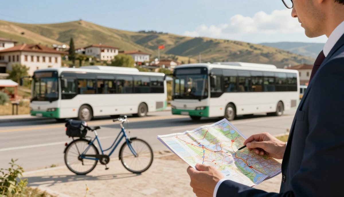 A picturesque view showcasing travel and transportation in Kestel, Turkey. In the foreground, a well-dressed individual in professional business attire is consulting a travel map, representing the accessibility of the region. The middle ground features a range of modern transportation options, such as a chic bus and a stylish bike, indicating the convenience and variety available for travelers. In the background, the scenic landscape of Kestel unfolds, with gently rolling hills and traditional Turkish architecture under a bright blue sky. Soft, golden lighting bathes the scene in warmth, while a shallow depth of field creates an inviting and focused atmosphere. This image captures the essence of travel and exploration in Kestel, merging both modern and classic elements harmoniously.