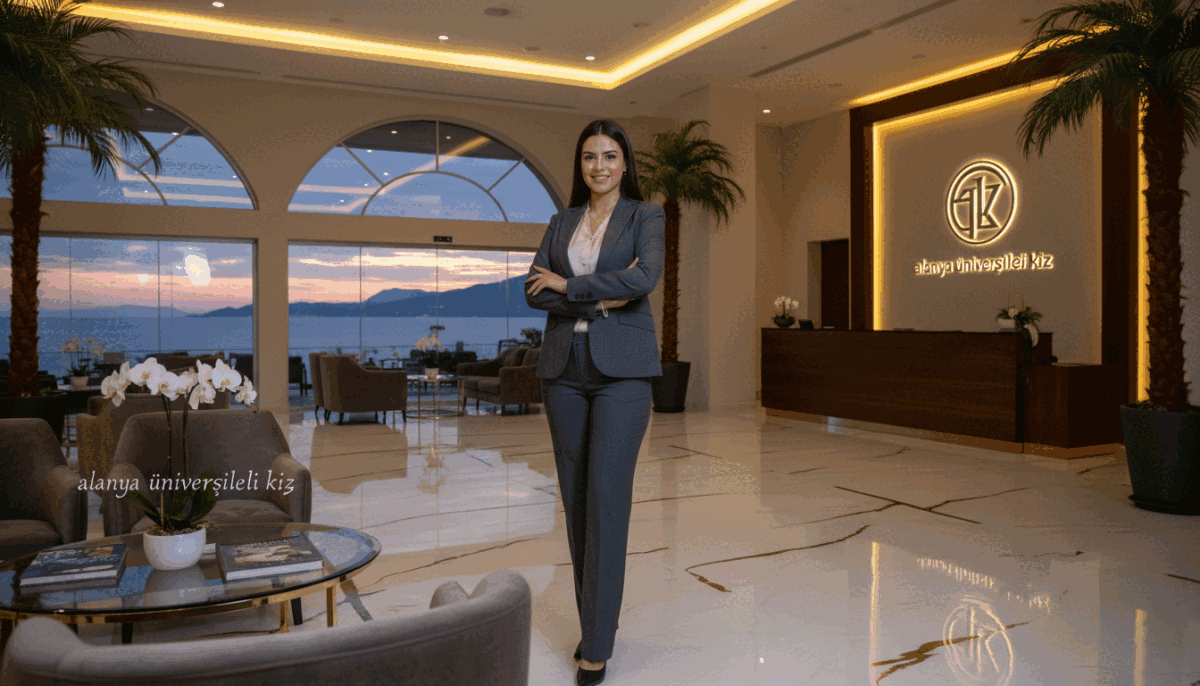 A professional and elegant female escort in a chic, tailored business suit, standing confidently in a luxurious Alanya hotel lobby. Her expression is warm yet composed, reflecting trust and professionalism. The foreground features polished marble floors and plush seating areas with subtle decor. In the middle ground, soft ambient lighting enhances the sophisticated atmosphere, while lush green potted plants add a touch of tranquility. The background reveals large windows with a picturesque view of Alanya’s coastline, illuminated by soft sunset light creating a relaxing mood. The branding "alanya üniversiteli kız" is subtly represented through elegant decor elements in the setting. The angle captures both the escort and the luxurious environment, emphasizing elegance and reliability. A professional and elegant female escort in a chic, tailored business suit, standing confidently in a luxurious Alanya hotel lobby. Her expression is warm yet composed, reflecting trust and professionalism. The foreground features polished marble floors and plush seating areas with subtle decor. In the middle ground, soft ambient lighting enhances the sophisticated atmosphere, while lush green potted plants add a touch of tranquility. The background reveals large windows with a picturesque view of Alanya’s coastline, illuminated by soft sunset light creating a relaxing mood. The branding "alanya üniversiteli kız" is subtly represented through elegant decor elements in the setting. The angle captures both the escort and the luxurious environment, emphasizing elegance and reliability.