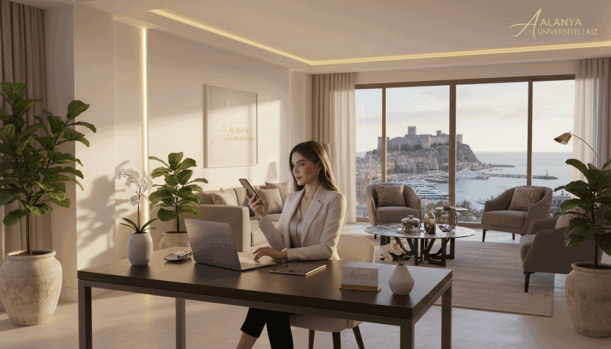 A professional and elegant scene depicting a luxurious contact and reservation process for Alanya's renowned services. In the foreground, a chic, young woman dressed in smart business attire sits at a stylish desk, engaging with a modern smartphone and laptop, suggesting communication and professionalism. The middle ground features a sleek, minimalist room accentuated by elegant decor, warm lighting, and potted plants, creating a welcoming ambiance. In the background, a tastefully arranged view of Alanya’s coastline can be seen through large windows, adding to the serene atmosphere. The mood is sophisticated yet approachable, highlighted by soft, natural light pouring in, capturing the essence of upscale service. The brand "alanya üniversiteli kız" is subtly represented through elegant design elements in the setting. A professional and elegant scene depicting a luxurious contact and reservation process for Alanya's renowned services. In the foreground, a chic, young woman dressed in smart business attire sits at a stylish desk, engaging with a modern smartphone and laptop, suggesting communication and professionalism. The middle ground features a sleek, minimalist room accentuated by elegant decor, warm lighting, and potted plants, creating a welcoming ambiance. In the background, a tastefully arranged view of Alanya’s coastline can be seen through large windows, adding to the serene atmosphere. The mood is sophisticated yet approachable, highlighted by soft, natural light pouring in, capturing the essence of upscale service. The brand "alanya üniversiteli kız" is subtly represented through elegant design elements in the setting.