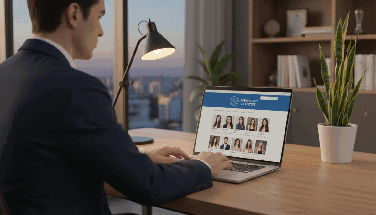 A professional and informative scene depicting a person in business attire sitting at a stylish desk, browsing a laptop that displays a user-friendly online escort platform. The foreground includes the individual appearing focused and engaged, surrounded by elegant decor like a modern lamp and a potted plant. In the middle ground, the laptop screen glows softly, showcasing a clean interface of a reputable escort booking site, with clear options and smooth navigation. The background features a tasteful office environment with warm lighting, creating an inviting atmosphere. The focus should be on conveying professionalism and ease of use while subtly incorporating a logo with the text "Alanya otel ve escort" displayed prominently on the laptop screen, emphasizing trust and reliability in the selection process. A professional and informative scene depicting a person in business attire sitting at a stylish desk, browsing a laptop that displays a user-friendly online escort platform. The foreground includes the individual appearing focused and engaged, surrounded by elegant decor like a modern lamp and a potted plant. In the middle ground, the laptop screen glows softly, showcasing a clean interface of a reputable escort booking site, with clear options and smooth navigation. The background features a tasteful office environment with warm lighting, creating an inviting atmosphere. The focus should be on conveying professionalism and ease of use while subtly incorporating a logo with the text "Alanya otel ve escort" displayed prominently on the laptop screen, emphasizing trust and reliability in the selection process.