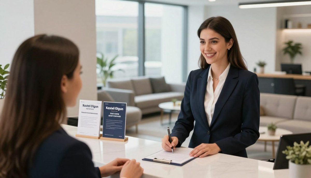 A professional and inviting image depicting a modern office environment, featuring a stylish reception area with elegant decor. In the foreground, a friendly and approachable female receptionist wearing a smart business outfit is engaging with a client, both displaying warmth and professionalism. The middle ground showcases tasteful furniture and informational brochures related to the escort services, subtly emphasizing trust and reliability. The background features large windows with natural light streaming in, creating an uplifting atmosphere. The overall mood should convey comfort, safety, and professionalism associated with Kestel Olgun Escort services, with soft lighting enhancing the welcoming feel. The angle is a slightly elevated view to capture the entire scene cohesively. A professional and inviting image depicting a modern office environment, featuring a stylish reception area with elegant decor. In the foreground, a friendly and approachable female receptionist wearing a smart business outfit is engaging with a client, both displaying warmth and professionalism. The middle ground showcases tasteful furniture and informational brochures related to the escort services, subtly emphasizing trust and reliability. The background features large windows with natural light streaming in, creating an uplifting atmosphere. The overall mood should convey comfort, safety, and professionalism associated with Kestel Olgun Escort services, with soft lighting enhancing the welcoming feel. The angle is a slightly elevated view to capture the entire scene cohesively.