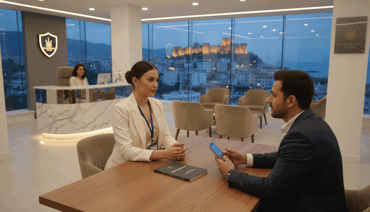 A professional and secure setting in Alanya, focusing on the theme of escort agency safety measures. In the foreground, a well-dressed female escort, representing "alanya üniversiteli kız," is seen discussing important protocols with her client. She wears modest yet fashionable attire, exuding confidence and professionalism. In the middle ground, a modern, upscale office environment with a welcoming reception area, soft lighting creating a warm and friendly atmosphere. In the background, a cityscape of Alanya can be seen through large windows, showcasing its coastal beauty and vibrancy. The image should capture a sense of discretion and safety, emphasizing the importance of secure practices when selecting an escort. The angle is slightly elevated, offering a comprehensive view of the setting. A professional and secure setting in Alanya, focusing on the theme of escort agency safety measures. In the foreground, a well-dressed female escort, representing "alanya üniversiteli kız," is seen discussing important protocols with her client. She wears modest yet fashionable attire, exuding confidence and professionalism. In the middle ground, a modern, upscale office environment with a welcoming reception area, soft lighting creating a warm and friendly atmosphere. In the background, a cityscape of Alanya can be seen through large windows, showcasing its coastal beauty and vibrancy. The image should capture a sense of discretion and safety, emphasizing the importance of secure practices when selecting an escort. The angle is slightly elevated, offering a comprehensive view of the setting.