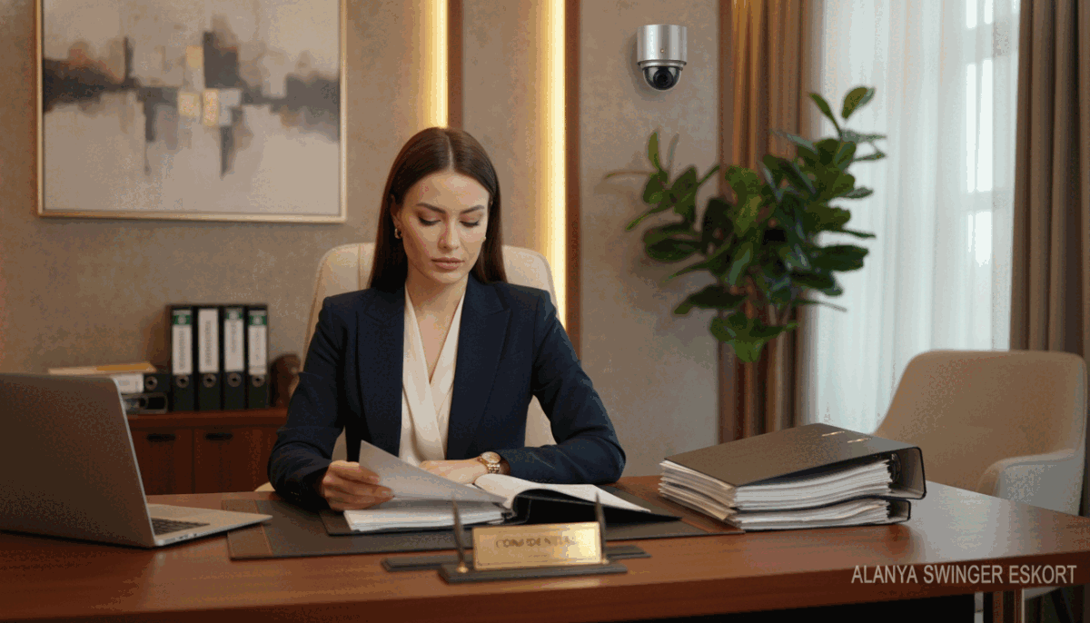 A professional and serene office setting featuring a polished wooden desk with a sleek laptop and a stack of business documents neatly arranged. In the foreground, a confident businesswoman in formal attire is reviewing important materials, symbolizing professionalism and discretion. In the middle ground, a tasteful security camera is subtly positioned, reinforcing the theme of privacy and safety. The background consists of a tastefully decorated office with soft lighting, creating a calm and secure atmosphere. The image captures a sense of trustworthiness and professionalism, with warm tones and a shallow depth of field to emphasize the subject, reflecting the brand identity of "alanya swinger eskort." The overall mood is inviting yet secure, representing top-notch service and commitment to privacy. A professional and serene office setting featuring a polished wooden desk with a sleek laptop and a stack of business documents neatly arranged. In the foreground, a confident businesswoman in formal attire is reviewing important materials, symbolizing professionalism and discretion. In the middle ground, a tasteful security camera is subtly positioned, reinforcing the theme of privacy and safety. The background consists of a tastefully decorated office with soft lighting, creating a calm and secure atmosphere. The image captures a sense of trustworthiness and professionalism, with warm tones and a shallow depth of field to emphasize the subject, reflecting the brand identity of "alanya swinger eskort." The overall mood is inviting yet secure, representing top-notch service and commitment to privacy.