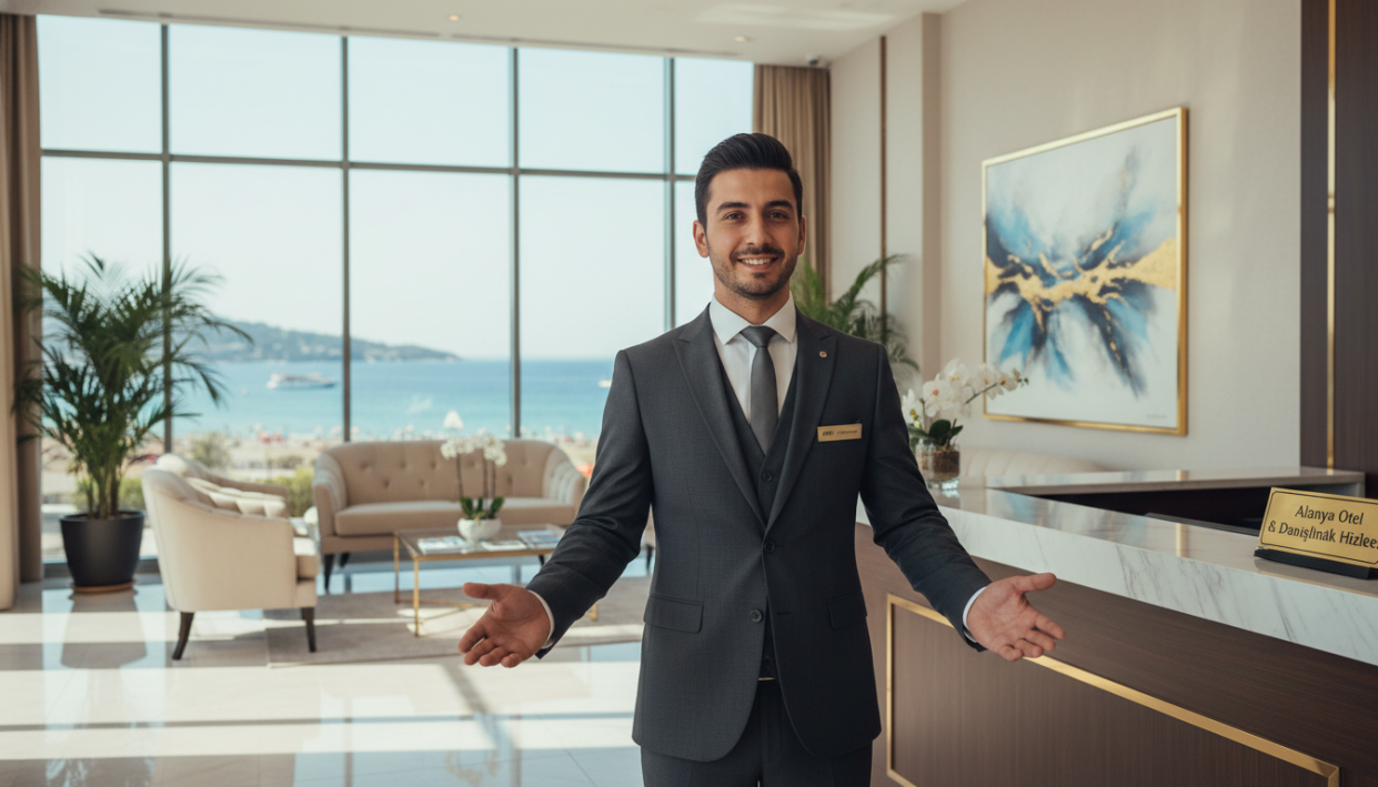 A professional and serene setting showcasing a luxurious hotel reception area, symbolizing the "Alanya otel ve escort" services. In the foreground, a smartly dressed concierge welcomes guests with a warm smile, conveying a sense of security and professionalism. The middle layer features elegant decor, such as plush seating and tasteful artwork, subtly highlighting the upscale nature of the space. In the background, large windows showcase a glimpse of the beautiful Alanya coastline under a clear blue sky, adding a vibrant, inviting atmosphere. Soft, natural lighting enhances the clean, polished look of the interior. The entire image embodies trust, discretion, and professionalism, setting the perfect tone for discussing the legal and security aspects of escort services in Alanya.