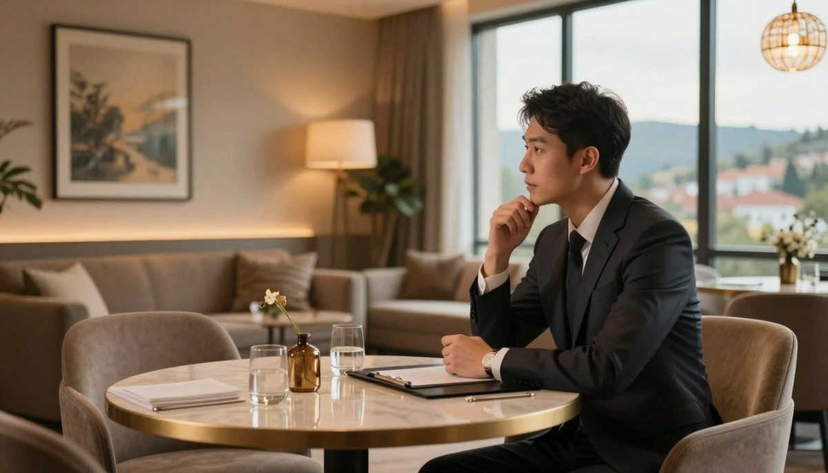 A professional and serene setting showcasing an upscale meeting space in Kestel, designed for discreet encounters. In the foreground, a well-dressed individual in smart business attire sits at a beautifully crafted table, engaged in thoughtful discussion, exuding an air of professionalism and trust. The middle ground features elegant decor, with soft lighting highlighting tasteful art pieces and plush seating, creating an inviting atmosphere. In the background, a large window reveals a breathtaking view of Kestel's picturesque landscape, bathed in warm golden light, enhancing the mood of comfort and confidentiality. The overall ambiance is calm and sophisticated, emphasizing reliability and experience in the escort service industry. A professional and serene setting showcasing an upscale meeting space in Kestel, designed for discreet encounters. In the foreground, a well-dressed individual in smart business attire sits at a beautifully crafted table, engaged in thoughtful discussion, exuding an air of professionalism and trust. The middle ground features elegant decor, with soft lighting highlighting tasteful art pieces and plush seating, creating an inviting atmosphere. In the background, a large window reveals a breathtaking view of Kestel's picturesque landscape, bathed in warm golden light, enhancing the mood of comfort and confidentiality. The overall ambiance is calm and sophisticated, emphasizing reliability and experience in the escort service industry.