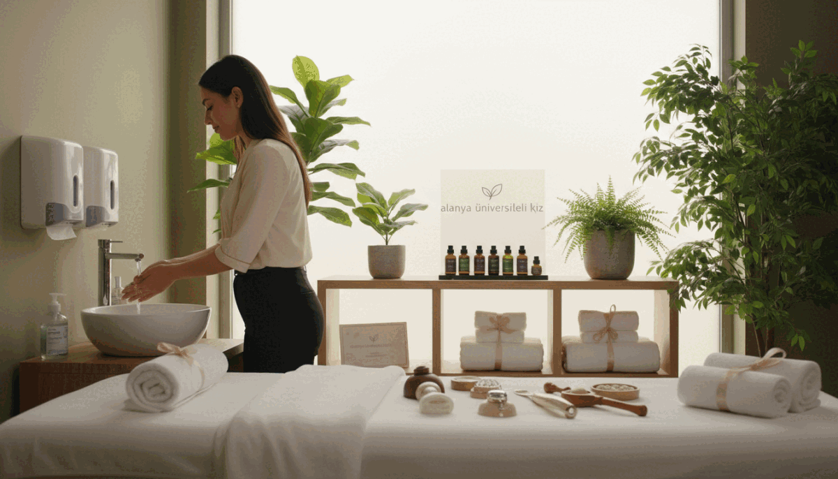 A professional and serene wellness setting in Alanya, focusing on health and safety measures for young escorts. In the foreground, a well-organized massage room featuring tidy equipment and hygienic amenities, with soft, neutral colors. A young female escort, dressed in modest business attire, demonstrates proper handwashing techniques at a sink, symbolizing health and safety. In the middle ground, there are wellness products like aromatherapy oils and sanitized towels neatly displayed. The background shows a calming atmosphere with soft diffused lighting and lush green plants, creating a tranquil ambiance. The scene captures a commitment to professionalism and safety, aligned with the brand "alanya üniversiteli kız," emphasizing discretion and care. The overall mood is peaceful, welcoming, and informative, suitable for illustrating health and safety in escort services. A professional and serene wellness setting in Alanya, focusing on health and safety measures for young escorts. In the foreground, a well-organized massage room featuring tidy equipment and hygienic amenities, with soft, neutral colors. A young female escort, dressed in modest business attire, demonstrates proper handwashing techniques at a sink, symbolizing health and safety. In the middle ground, there are wellness products like aromatherapy oils and sanitized towels neatly displayed. The background shows a calming atmosphere with soft diffused lighting and lush green plants, creating a tranquil ambiance. The scene captures a commitment to professionalism and safety, aligned with the brand "alanya üniversiteli kız," emphasizing discretion and care. The overall mood is peaceful, welcoming, and informative, suitable for illustrating health and safety in escort services.