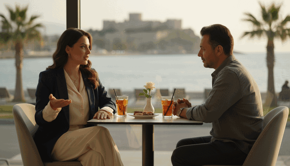 A professional and sophisticated setting in Alanya, showcasing a tasteful interaction between an elegantly dressed female escort and a client in a modern café. In the foreground, the escort, wearing stylish yet modest business attire, engages in a confident conversation, highlighting professionalism. The client, dressed in smart casual clothing, appears attentive and respectful. In the middle ground, a beautifully set table with drinks adds an inviting touch, while the background features Alanya's picturesque coastline and lush palm trees, bathed in warm, golden-hour lighting. Use a shallow depth of field to focus on the subjects, creating a mood of sophistication and professionalism, reflecting the essence of "alanya üniversiteli kız" services while encouraging trust and respect in the interaction. A professional and sophisticated setting in Alanya, showcasing a tasteful interaction between an elegantly dressed female escort and a client in a modern café. In the foreground, the escort, wearing stylish yet modest business attire, engages in a confident conversation, highlighting professionalism. The client, dressed in smart casual clothing, appears attentive and respectful. In the middle ground, a beautifully set table with drinks adds an inviting touch, while the background features Alanya's picturesque coastline and lush palm trees, bathed in warm, golden-hour lighting. Use a shallow depth of field to focus on the subjects, creating a mood of sophistication and professionalism, reflecting the essence of "alanya üniversiteli kız" services while encouraging trust and respect in the interaction.