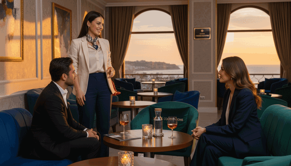 A professional and trustworthy escort service scene set in a sophisticated lounge in Alanya. In the foreground, a stylishly dressed woman in a smart business attire confidently engages with clients, showcasing an approachable yet professional demeanor. Her expression radiates warm professionalism. In the middle ground, a beautifully arranged table shows elegant drinks and ambient lighting, creating a welcoming atmosphere. The background features tastefully decorated interiors with soft, warm lighting, enhancing the sense of luxury and comfort. A subtle sunset can be seen through large windows, casting a golden hue throughout the room. The image embodies the essence of "eskort kızlar alanya," evoking feelings of trust and high-end service while remaining completely safe for work. A professional and trustworthy escort service scene set in a sophisticated lounge in Alanya. In the foreground, a stylishly dressed woman in a smart business attire confidently engages with clients, showcasing an approachable yet professional demeanor. Her expression radiates warm professionalism. In the middle ground, a beautifully arranged table shows elegant drinks and ambient lighting, creating a welcoming atmosphere. The background features tastefully decorated interiors with soft, warm lighting, enhancing the sense of luxury and comfort. A subtle sunset can be seen through large windows, casting a golden hue throughout the room. The image embodies the essence of "eskort kızlar alanya," evoking feelings of trust and high-end service while remaining completely safe for work.