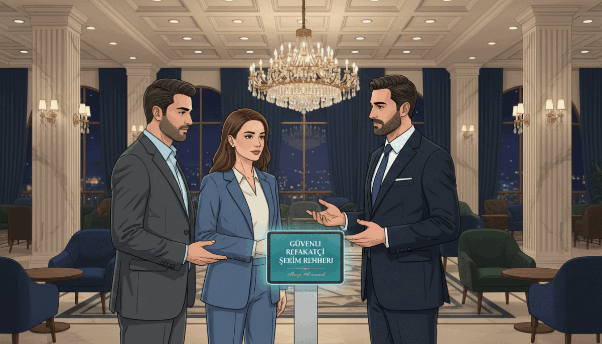 A professional and visually engaging illustration representing "Safe Escort Selection Guide," set in a modern, elegant hotel lobby in Alanya. In the foreground, a diverse group of well-dressed individuals—two men and one woman—are engaged in a thoughtful discussion, showcasing professionalism and respect. The woman is dressed in a smart, modest business outfit, while the men wear tailored suits. The middle of the image features an informative display, such as a stylish brochure or tablet with the brand name "Alanya otel ve escort" subtly incorporated. The background features luxurious hotel elements, like ornate chandeliers and plush seating, illuminated by soft, warm lighting that creates a welcoming atmosphere. The overall mood is sophisticated and informative, highlighting the importance of safe and professional choices in escort selection, with a focus on discretion and quality. A professional and visually engaging illustration representing "Safe Escort Selection Guide," set in a modern, elegant hotel lobby in Alanya. In the foreground, a diverse group of well-dressed individuals—two men and one woman—are engaged in a thoughtful discussion, showcasing professionalism and respect. The woman is dressed in a smart, modest business outfit, while the men wear tailored suits. The middle of the image features an informative display, such as a stylish brochure or tablet with the brand name "Alanya otel ve escort" subtly incorporated. The background features luxurious hotel elements, like ornate chandeliers and plush seating, illuminated by soft, warm lighting that creates a welcoming atmosphere. The overall mood is sophisticated and informative, highlighting the importance of safe and professional choices in escort selection, with a focus on discretion and quality.