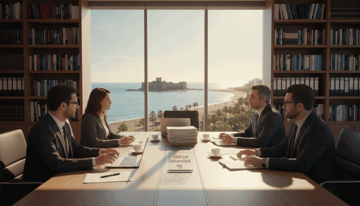 A professional business meeting scene set in a contemporary office in Alanya. In the foreground, a diverse group of individuals dressed in smart business attire is engaged in discussions around a modern conference table, with legal documents and laptops scattered about. In the middle ground, a large window showcases a picturesque view of Alanya's coastline, with the sun casting warm, inviting light into the room. The background features bookshelves filled with legal texts and regulations, emphasizing the concept of legal frameworks and governance. The atmosphere is focused and collaborative, conveying a sense of professionalism and determination. The brand name "alanya üniversiteli kız" is subtly integrated into the scene through a decorative item on the table, enhancing the context without distracting from the central theme. A professional business meeting scene set in a contemporary office in Alanya. In the foreground, a diverse group of individuals dressed in smart business attire is engaged in discussions around a modern conference table, with legal documents and laptops scattered about. In the middle ground, a large window showcases a picturesque view of Alanya's coastline, with the sun casting warm, inviting light into the room. The background features bookshelves filled with legal texts and regulations, emphasizing the concept of legal frameworks and governance. The atmosphere is focused and collaborative, conveying a sense of professionalism and determination. The brand name "alanya üniversiteli kız" is subtly integrated into the scene through a decorative item on the table, enhancing the context without distracting from the central theme.