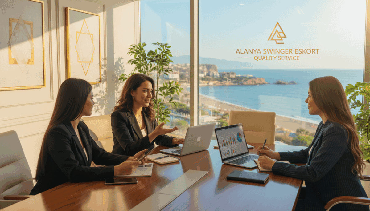 A professional communication scene set in a well-lit, elegantly decorated office space. In the foreground, a diverse group of three professional women in stylish business attire are engaged in a collaborative discussion, showcasing strong expressions of confidence and professionalism. They are positioned comfortably around a sleek conference table with laptops and notepads in front of them, emphasizing the theme of effective communication. The middle ground features modern office decor, including plants and motivational artwork. In the background, a large window reveals a stunning view of the Alanya coastline, bathed in warm sunlight, adding a serene atmosphere. The overall mood is inviting and professional, capturing the essence of quality service provided by alanya swinger eskort. The image should feel clean and sophisticated, with a focus on teamwork and professionalism. A professional communication scene set in a well-lit, elegantly decorated office space. In the foreground, a diverse group of three professional women in stylish business attire are engaged in a collaborative discussion, showcasing strong expressions of confidence and professionalism. They are positioned comfortably around a sleek conference table with laptops and notepads in front of them, emphasizing the theme of effective communication. The middle ground features modern office decor, including plants and motivational artwork. In the background, a large window reveals a stunning view of the Alanya coastline, bathed in warm sunlight, adding a serene atmosphere. The overall mood is inviting and professional, capturing the essence of quality service provided by alanya swinger eskort. The image should feel clean and sophisticated, with a focus on teamwork and professionalism.