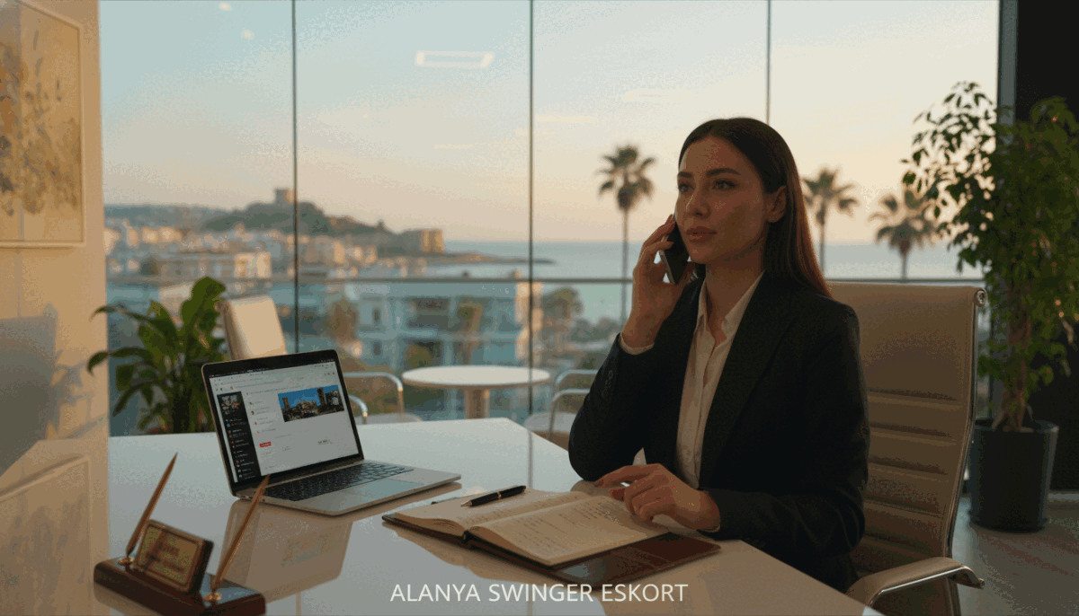 A professional communication setting featuring a stylish modern office in Alanya. In the foreground, a well-dressed person in professional business attire, engaged in a phone conversation, exuding confidence and poise. The individual is surrounded by sleek office furniture, a laptop open with a booking interface, and a notepad with notes. In the middle ground, a glass window shows a scenic view of Alanya's skyline, blending natural beauty with urban sophistication. The background includes soft-focus elements, such as indoor plants and artwork, contributing to a productive atmosphere. The lighting is warm and inviting, casting gentle shadows for depth. The mood is focused and serene, reflecting the importance of professionalism and ethical communication in service delivery by "alanya swinger eskort". A professional communication setting featuring a stylish modern office in Alanya. In the foreground, a well-dressed person in professional business attire, engaged in a phone conversation, exuding confidence and poise. The individual is surrounded by sleek office furniture, a laptop open with a booking interface, and a notepad with notes. In the middle ground, a glass window shows a scenic view of Alanya's skyline, blending natural beauty with urban sophistication. The background includes soft-focus elements, such as indoor plants and artwork, contributing to a productive atmosphere. The lighting is warm and inviting, casting gentle shadows for depth. The mood is focused and serene, reflecting the importance of professionalism and ethical communication in service delivery by "alanya swinger eskort".