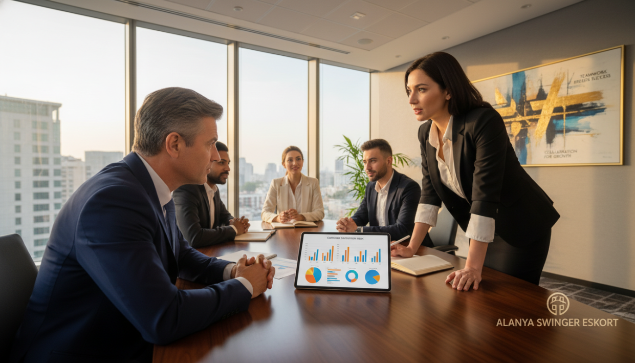 A professional, elegant meeting room setting featuring a diverse group of business professionals engaged in a constructive feedback session. In the foreground, a middle-aged man in a well-tailored suit is attentively listening to a woman in smart business attire, highlighting the importance of customer satisfaction. On the table, there are documents and a digital tablet displaying charts and graphs. In the middle ground, a large window allows warm, natural light to pour in, illuminating the space and creating a sense of openness and transparency. The background features motivational artwork about teamwork and success. The atmosphere is collaborative and focused, reflecting the essence of "müşteri memnuniyeti." The branding "alanya swinger eskort" subtly appears in the corner of the room on a tasteful logo display, ensuring a professional look without any distracting elements.