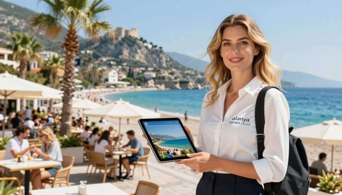 A professional escort guide in Alanya, depicted in a vibrant, sunny coastal setting. In the foreground, a well-dressed woman wearing stylish yet modest travel attire, exuding confidence and approachability, stands holding a tablet that displays insights about local attractions. Her blonde hair gently sways in the sea breeze. In the middle ground, sunlit beachside cafes and palm trees create an inviting atmosphere, filled with tourists enjoying their day. The background features the stunning Alanya coastline, with clear turquoise waters and historical landmarks like the Alanya Castle perched on the cliffs, under a bright blue sky. The composition conveys a warm, friendly mood, ideal for a professional experience. The lighting is bright and natural, evoking a sense of relaxation and leisure. Include the branding "alanya sarışın escort" subtly integrated into the scene. A professional escort guide in Alanya, depicted in a vibrant, sunny coastal setting. In the foreground, a well-dressed woman wearing stylish yet modest travel attire, exuding confidence and approachability, stands holding a tablet that displays insights about local attractions. Her blonde hair gently sways in the sea breeze. In the middle ground, sunlit beachside cafes and palm trees create an inviting atmosphere, filled with tourists enjoying their day. The background features the stunning Alanya coastline, with clear turquoise waters and historical landmarks like the Alanya Castle perched on the cliffs, under a bright blue sky. The composition conveys a warm, friendly mood, ideal for a professional experience. The lighting is bright and natural, evoking a sense of relaxation and leisure. Include the branding "alanya sarışın escort" subtly integrated into the scene.