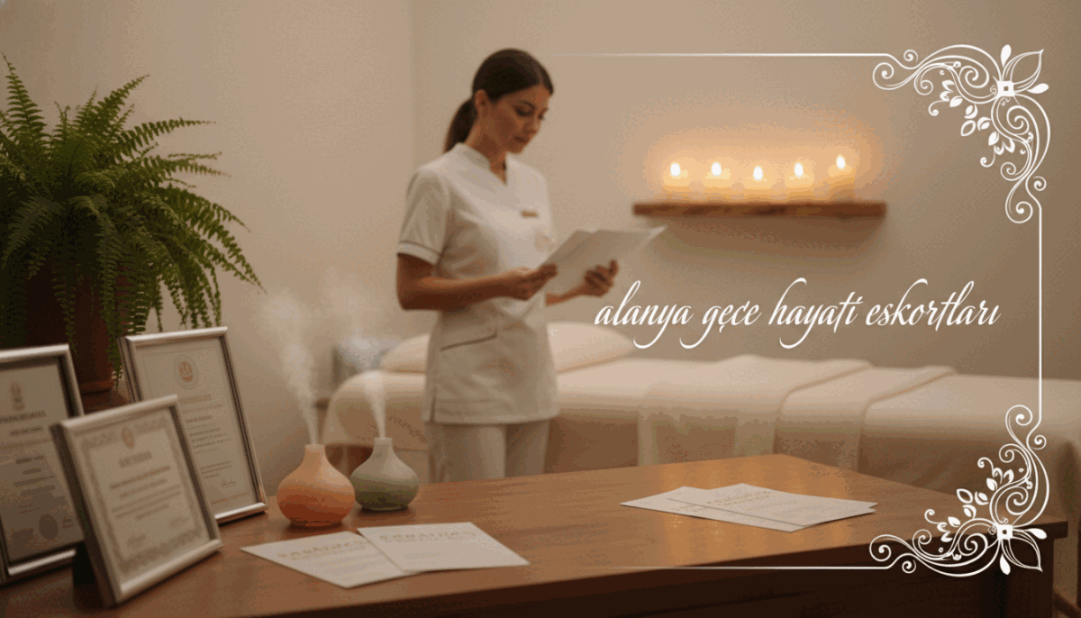 A professional female massage therapist is seen selecting essential criteria for her practice, positioned in a serene and inviting massage room. The foreground highlights a display of brochures and professional qualifications on a well-organized desk, with a large plant adding a touch of nature. In the middle ground, a treatment table with soft linens and soothing aromatherapy diffusers create a calming atmosphere, while the background features soft lighting from candles, enhancing the tranquil environment. The image captures a sense of professionalism and calm, emphasizing the importance of selecting a qualified therapist. Shot with a soft focus lens to create a warm, welcoming feel, the scene embodies relaxation and expertise. Incorporate "alanya gece hayatı eskortları" subtly within the design elements, ensuring a cohesive presentation that aligns with the theme. A professional female massage therapist is seen selecting essential criteria for her practice, positioned in a serene and inviting massage room. The foreground highlights a display of brochures and professional qualifications on a well-organized desk, with a large plant adding a touch of nature. In the middle ground, a treatment table with soft linens and soothing aromatherapy diffusers create a calming atmosphere, while the background features soft lighting from candles, enhancing the tranquil environment. The image captures a sense of professionalism and calm, emphasizing the importance of selecting a qualified therapist. Shot with a soft focus lens to create a warm, welcoming feel, the scene embodies relaxation and expertise. Incorporate "alanya gece hayatı eskortları" subtly within the design elements, ensuring a cohesive presentation that aligns with the theme.