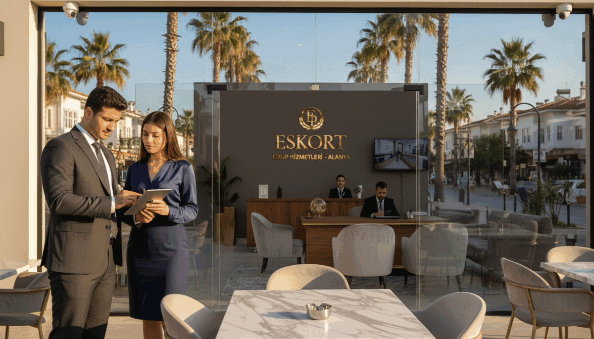 A professional group escort service environment in Alanya, focusing on safety measures. In the foreground, a pair of well-dressed individuals—a man in a tailored suit and a woman in modest business attire—discuss plans at a chic café. They embody professionalism and confidence. In the middle ground, an elegant space with tasteful décor, featuring a reception area with discreet security measures, such as cameras and staff monitoring. In the background, sunlit Alanya streets with palm trees and charming buildings, enhancing a relaxed yet secure atmosphere. The lighting is warm and inviting, with soft shadows, creating a welcoming ambiance. The overall mood is professional and safe, highlighting the essence of "eskort kızlar alanya." A professional group escort service environment in Alanya, focusing on safety measures. In the foreground, a pair of well-dressed individuals—a man in a tailored suit and a woman in modest business attire—discuss plans at a chic café. They embody professionalism and confidence. In the middle ground, an elegant space with tasteful décor, featuring a reception area with discreet security measures, such as cameras and staff monitoring. In the background, sunlit Alanya streets with palm trees and charming buildings, enhancing a relaxed yet secure atmosphere. The lighting is warm and inviting, with soft shadows, creating a welcoming ambiance. The overall mood is professional and safe, highlighting the essence of "eskort kızlar alanya."