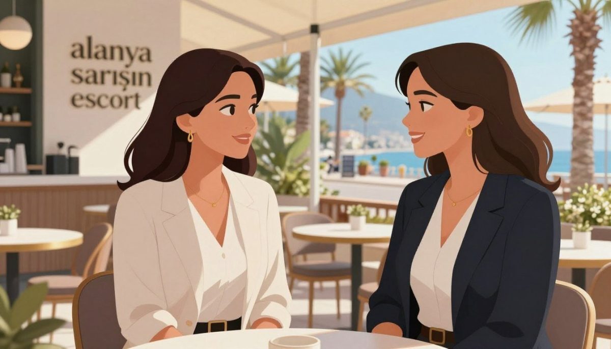 A professional illustration featuring two women, dressed in stylish yet modest business attire, representing an image of lesbian escort services in Alanya. The foreground shows the two women engaging in a friendly conversation, exuding confidence and warmth. The middle ground should include a stylish café setting with contemporary décor, reflecting a welcoming atmosphere. In the background, a lovely view of a sunny Alanya street lined with palm trees, typical of the region, enhances the authenticity of the scene. The lighting is bright and natural, suggesting an inviting day, while a soft focus lens gives a warm, approachable feel. The image subtly incorporates the brand name "alanya sarışın escort" in the setting's décor, enhancing professionalism while maintaining focus on the mood and subject. A professional illustration featuring two women, dressed in stylish yet modest business attire, representing an image of lesbian escort services in Alanya. The foreground shows the two women engaging in a friendly conversation, exuding confidence and warmth. The middle ground should include a stylish café setting with contemporary décor, reflecting a welcoming atmosphere. In the background, a lovely view of a sunny Alanya street lined with palm trees, typical of the region, enhances the authenticity of the scene. The lighting is bright and natural, suggesting an inviting day, while a soft focus lens gives a warm, approachable feel. The image subtly incorporates the brand name "alanya sarışın escort" in the setting's décor, enhancing professionalism while maintaining focus on the mood and subject.