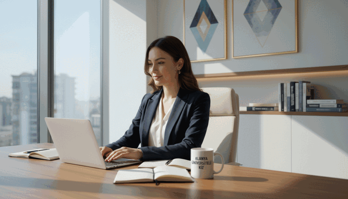 A professional meeting scene set in a stylish office environment, showcasing a modern desk adorned with a laptop and notes. In the foreground, a confident young woman dressed in smart business attire is engaged in a focused discussion over a video call, radiating professionalism and approachability. The middle layer features a sleek wall with motivational art and a shelf displaying books about communication and business. In the background, large windows allow natural light to flood in, enhancing the bright and productive atmosphere. The scene conveys a sense of reliability and quality, reflecting the brand name "alanya üniversiteli kız". Soft shadows and a slight blur on the edges emphasize the focal point of the conversation within a clean, modern aesthetic. A professional meeting scene set in a stylish office environment, showcasing a modern desk adorned with a laptop and notes. In the foreground, a confident young woman dressed in smart business attire is engaged in a focused discussion over a video call, radiating professionalism and approachability. The middle layer features a sleek wall with motivational art and a shelf displaying books about communication and business. In the background, large windows allow natural light to flood in, enhancing the bright and productive atmosphere. The scene conveys a sense of reliability and quality, reflecting the brand name "alanya üniversiteli kız". Soft shadows and a slight blur on the edges emphasize the focal point of the conversation within a clean, modern aesthetic.