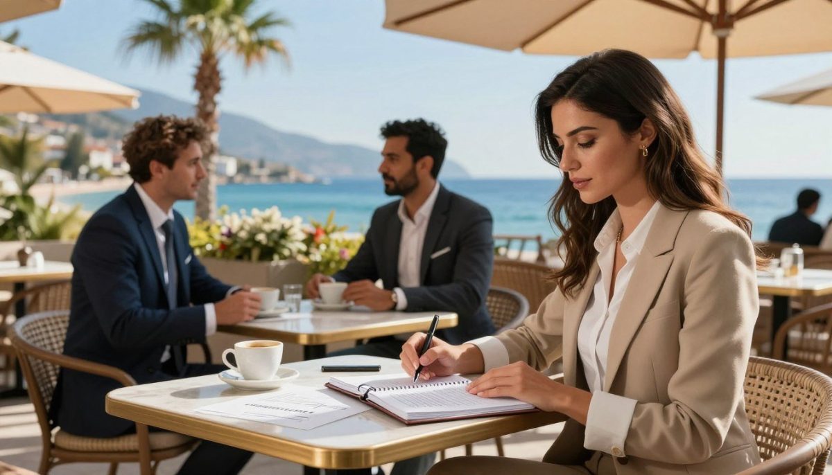 A professional meeting setup in an elegant outdoor café in Alanya, Turkey. In the foreground, a stylishly dressed woman in a business attire, exuding confidence, sits at a beautifully set table with a view of the coastline. She is reviewing a notebook filled with notes and plans, symbolizing a meeting preparation. In the middle ground, two well-dressed professionals engage in conversation over coffee, emphasizing an atmosphere of collaboration and connection. The background features the vibrant coastal scenery of Alanya, including palm trees and the Mediterranean Sea under a clear blue sky. The lighting is warm and inviting, evoking a sense of comfort and opportunity. The scene reflects a professional yet relaxed vibe, ideal for planning rendezvous through "alanya elit escort". A professional meeting setup in an elegant outdoor café in Alanya, Turkey. In the foreground, a stylishly dressed woman in a business attire, exuding confidence, sits at a beautifully set table with a view of the coastline. She is reviewing a notebook filled with notes and plans, symbolizing a meeting preparation. In the middle ground, two well-dressed professionals engage in conversation over coffee, emphasizing an atmosphere of collaboration and connection. The background features the vibrant coastal scenery of Alanya, including palm trees and the Mediterranean Sea under a clear blue sky. The lighting is warm and inviting, evoking a sense of comfort and opportunity. The scene reflects a professional yet relaxed vibe, ideal for planning rendezvous through "alanya elit escort".