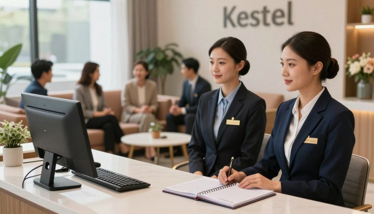 A professional reception area for a Kestel escort booking process, featuring an elegantly dressed male and female front desk staff in business attire. The foreground shows a sleek counter with a modern computer and a neatly organized appointment book, conveying an atmosphere of professionalism and efficiency. In the middle ground, clients are engaged in friendly conversation, showcasing a comfortable waiting area with plush seating and tasteful decor, like floral arrangements and subtle lighting. The background reveals large windows allowing natural light to flood the space, enhancing the warm and inviting atmosphere. The overall mood is welcoming and sophisticated, designed to reflect a seamless and refined reservation experience in the escort service industry, specifically within Kestel.